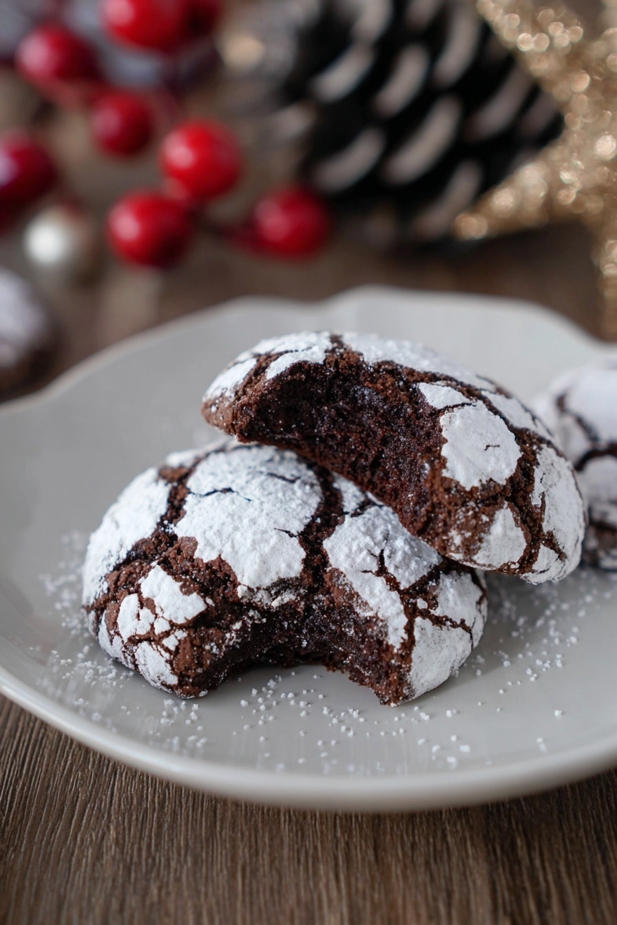 Two round chocolate cookies with a cracked surface covered in white powdered sugar are on a white plate with a slight lip. One cookie is whole, showing dark brown rough texture with visible cracks, while the other cookie is in front with a bite showing the moist, soft inside. The plate is set on a wooden surface with pine cones and red berries blurred in the background. Photo taken with an iphone --ar 2:3 --v 7 - Chocolate Crinkle Cookies, Chocolate Crinkle Cookies Recipe, Easy Crinkle Cookies, Fudgy Chocolate Cookies, Chewy Crinkle Cookies