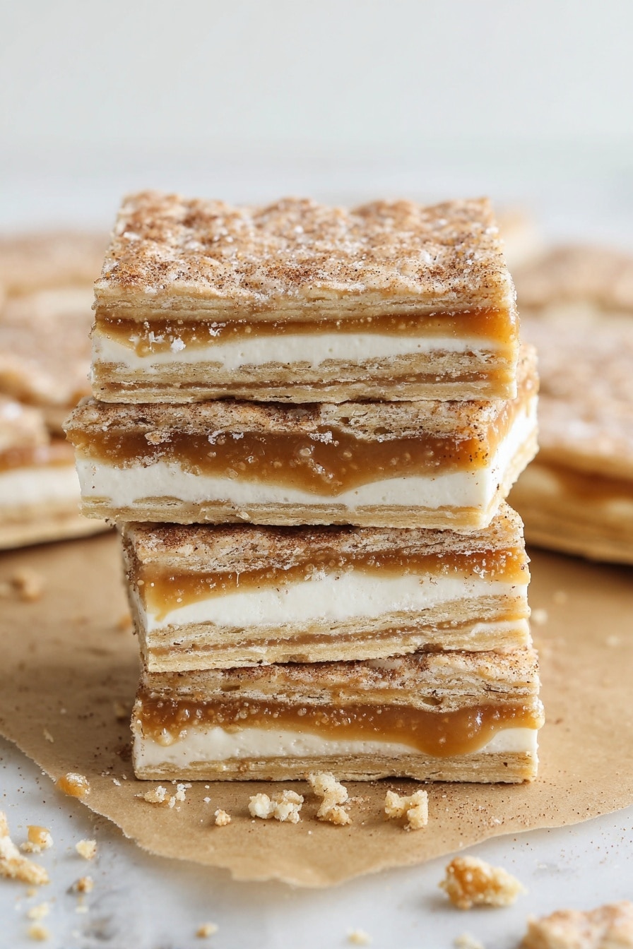 The image shows a close-up of a stack of five layered toffee bars on brown parchment paper placed on a white marbled surface. Each layer alternates between light beige cracker-like pieces and creamy white layers with a smooth caramel-colored toffee filling in between. The top layer is coated with a light dusting of brown sugar and cinnamon, giving it a textured, slightly grainy surface. Small crumbs and bits of the toffee bar are scattered around the base. photo taken with an iphone --ar 2:3 --v 7 - Churro Saltine Toffee, Saltine Toffee Recipe, Easy Toffee Snacks, Salty Sweet Toffee, Crowd-Pleasing Toffee Treats