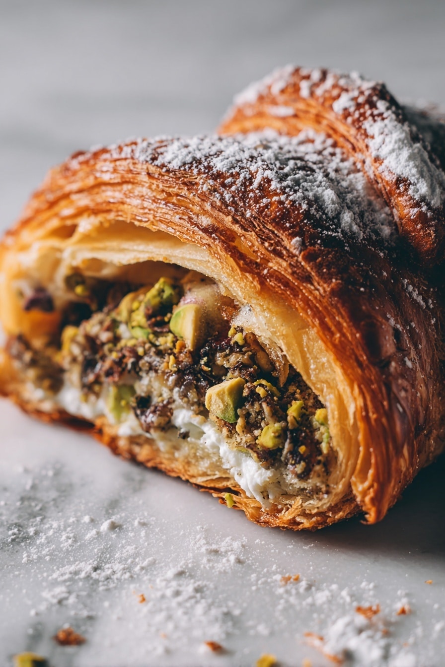 The image shows a close-up view of a golden brown croissant, torn open to reveal its soft, layered inside. The croissant has three main layers: the outer crust is shiny and crispy with a deep golden color, the middle layer is fluffy and light with a pale yellow color, and the filling layer in the center is a mix of dark green and brown crushed nuts, possibly pistachios, combined with white cream that looks soft and creamy. The croissant is resting on a white marbled surface with some powdered sugar sprinkled lightly on top and around it. Photo taken with an iphone --ar 2:3 --v 7 - Chocolate Pistachio Croissants with Ricotta and Honey, flaky pastry with chocolate and pistachios, easy homemade croissants with ricotta and honey, gourmet breakfast pastries, pistachio and chocolate pastry ideas