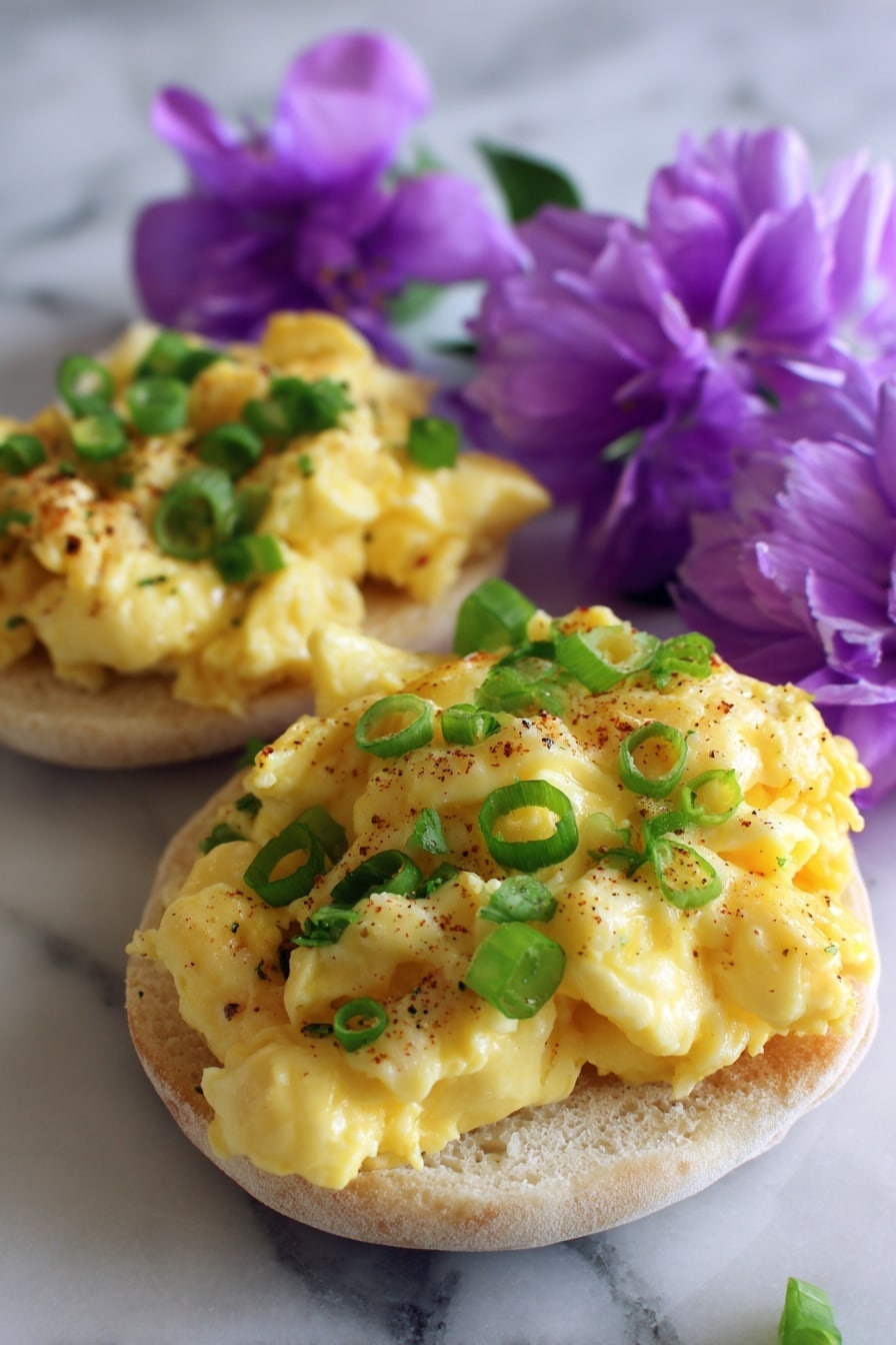 The image shows small English muffin halves as the base layer, each toasted to a light golden brown color with a slightly crumbly texture. On top of each muffin is a thick layer of creamy scrambled eggs, lightly browned in some spots and showing a soft, fluffy texture with a pale yellow and white mix. The eggs are garnished with small pieces of bright green chopped scallions scattered on the top. The muffins are placed on a white marbled surface with a couple of purple flowers in the background for decoration. photo taken with an iphone --ar 2:3 --v 7 - Garlic Herb Boursin Scrambled Egg Bake, creamy breakfast casserole, easy breakfast baked eggs, flavorful brunch egg dish, quick egg bake with herbs