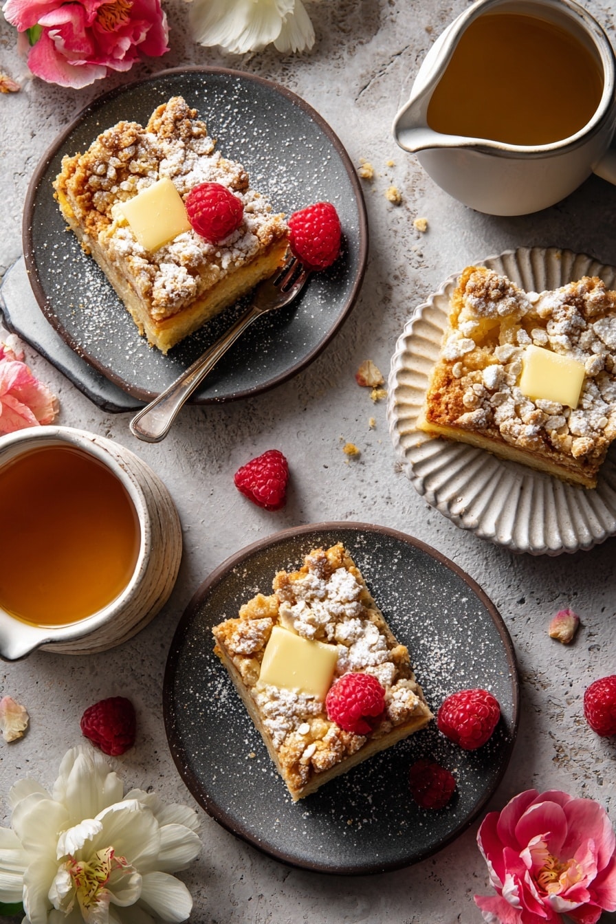 A white oval baking dish filled with a layered dessert that has a base of golden brown baked bread pieces mixed with a crumbly oat topping that is slightly darker and textured, sprinkled lightly with powdered sugar. Dollops of creamy pale yellow butter are spread unevenly across the top. The dish is placed on a white marbled surface with a few pink and white flowers on the side, and part of a white plate with two gold forks is visible in the top right corner. photo taken with an iphone --ar 2:3 --v 7 - Cream Cheese Mascarpone French Toast Casserole with Crumb Topping, gourmet French toast casserole, breakfast casserole with cream cheese, make-ahead brunch recipes, indulgent breakfast ideas