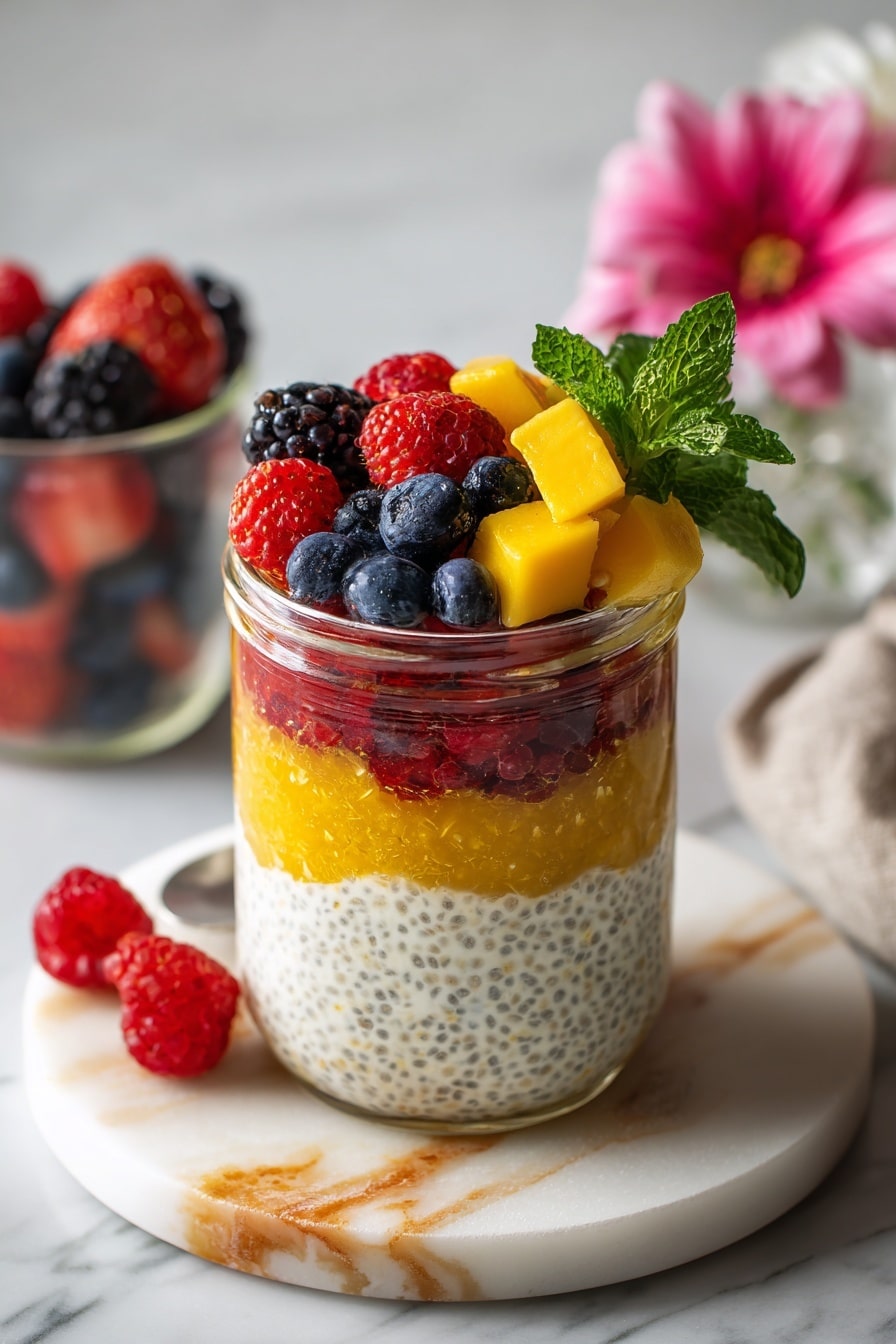 A clear glass jar sits on a round white marble tray with a few natural brown and orange streaks. Inside the jar, the dish has three main layers: the bottom layer is creamy white with small dark chia seeds mixed throughout, the middle layer is a golden syrupy swirl blending into the chia mix, and the top layer is a bright mix of fresh fruit, including red raspberries, dark blackberries, small blueberries, and bits of yellow mango. A fresh green mint leaf garnishes the top right side of the jar. In the background, there is a second clear glass jar filled with chopped fruit like blueberries, strawberries, and mango on a white marbled surface. A soft pink flower sits beside the tray to the right. Photo taken with an iphone --ar 2:3 --v 7 - Mango Chia Pudding with Refreshing Fruit Salad, tropical fruit dessert, healthy chia pudding recipe, vibrant fruit salad, easy summer fruit parfait