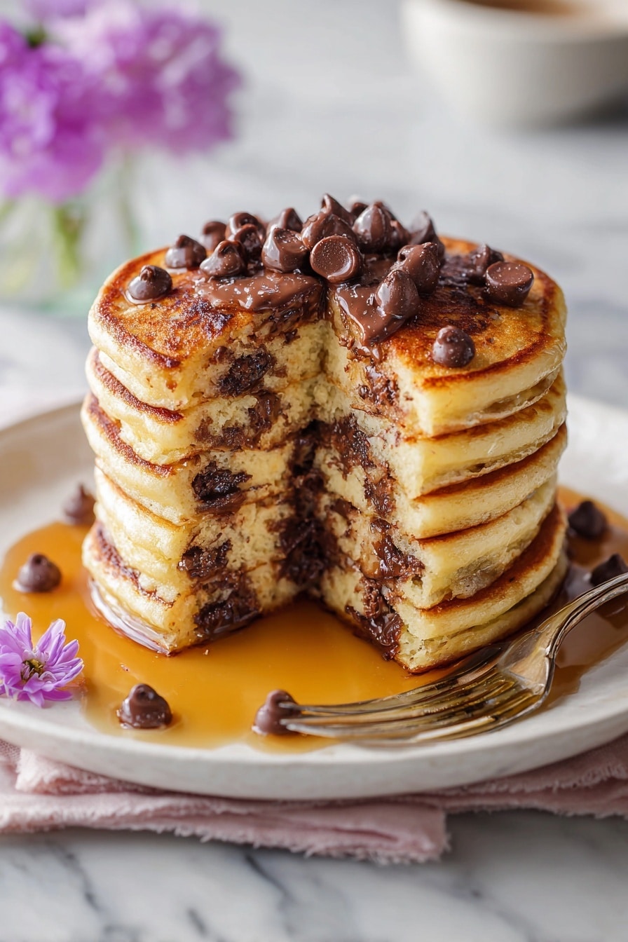 A tall stack of eight round pancakes with a light brown, slightly textured surface sits on a white plate. Golden syrup drips down the sides of the stack and pools onto the plate. On the top pancake, there is a small pile of shiny, dark brown chocolate chips. The plate is placed on a white marbled surface with a small purple flower near its edge. In the soft-focus background, there is a clear glass of milk and a white bowl with more chocolate chips and a purple flower on the side. photo taken with an iphone --ar 2:3 --v 7 - Chocolate Chip Protein Pancakes, healthy pancake recipes, high-protein breakfast, quick breakfast ideas, easy protein pancakes