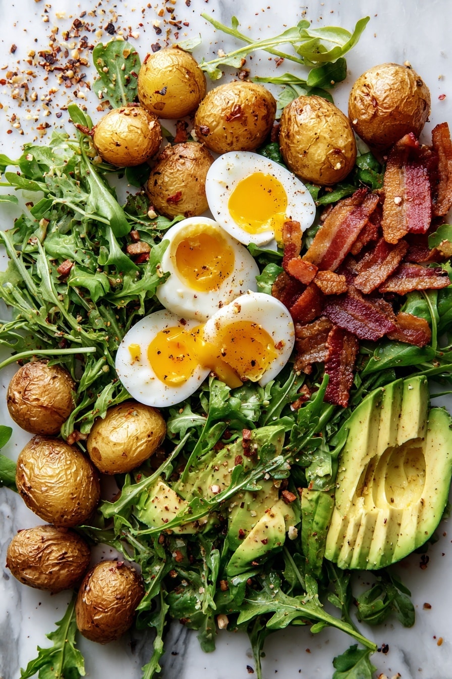 Flat lay of halved baby potatoes with golden skins, crispy chopped bacon strips, fresh mixed greens including arugula and baby spinach, boiled eggs cut in half showing bright yellow yolks, ripe sliced avocado with vibrant green flesh, and a small pile of everything bagel seasoning sprinkled artfully nearby, placed on a white marble surface, photo taken with an iphone --ar 2:3 --v 7 - Breakfast Salad with Baby Potatoes, Bacon, Eggs, and Avocado, healthy breakfast salad, easy morning salad recipe, quick breakfast ideas, nutritious brunch salads