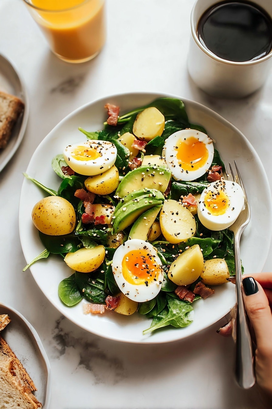 The image shows a white plate filled with a salad made of several layers. The bottom layer is fresh dark green spinach leaves, scattered evenly across the plate. On top are whole baby yellow potatoes, some halved, with a smooth texture and light sheen. There are three halved boiled eggs with whites surrounding bright, soft orange yolks placed near the center and sides. Light green slices of avocado add a creamy texture, placed between the eggs and potatoes. Small pieces of crispy bacon are scattered throughout, adding a reddish-brown color. The salad is sprinkled with black and white sesame seeds along with some coarse black pepper. A silver fork is inserted into the salad on the right side, held by a woman's hand with painted nails. The plate sits on a white marbled surface with a cup of black coffee and a glass of orange juice blurred in the background, along with pieces of brown bread at the edges. photo taken with an iphone --ar 2:3 --v 7 - Breakfast Salad with Baby Potatoes, Bacon, Eggs, and Avocado, healthy breakfast salad, easy morning salad recipe, quick breakfast ideas, nutritious brunch salads
