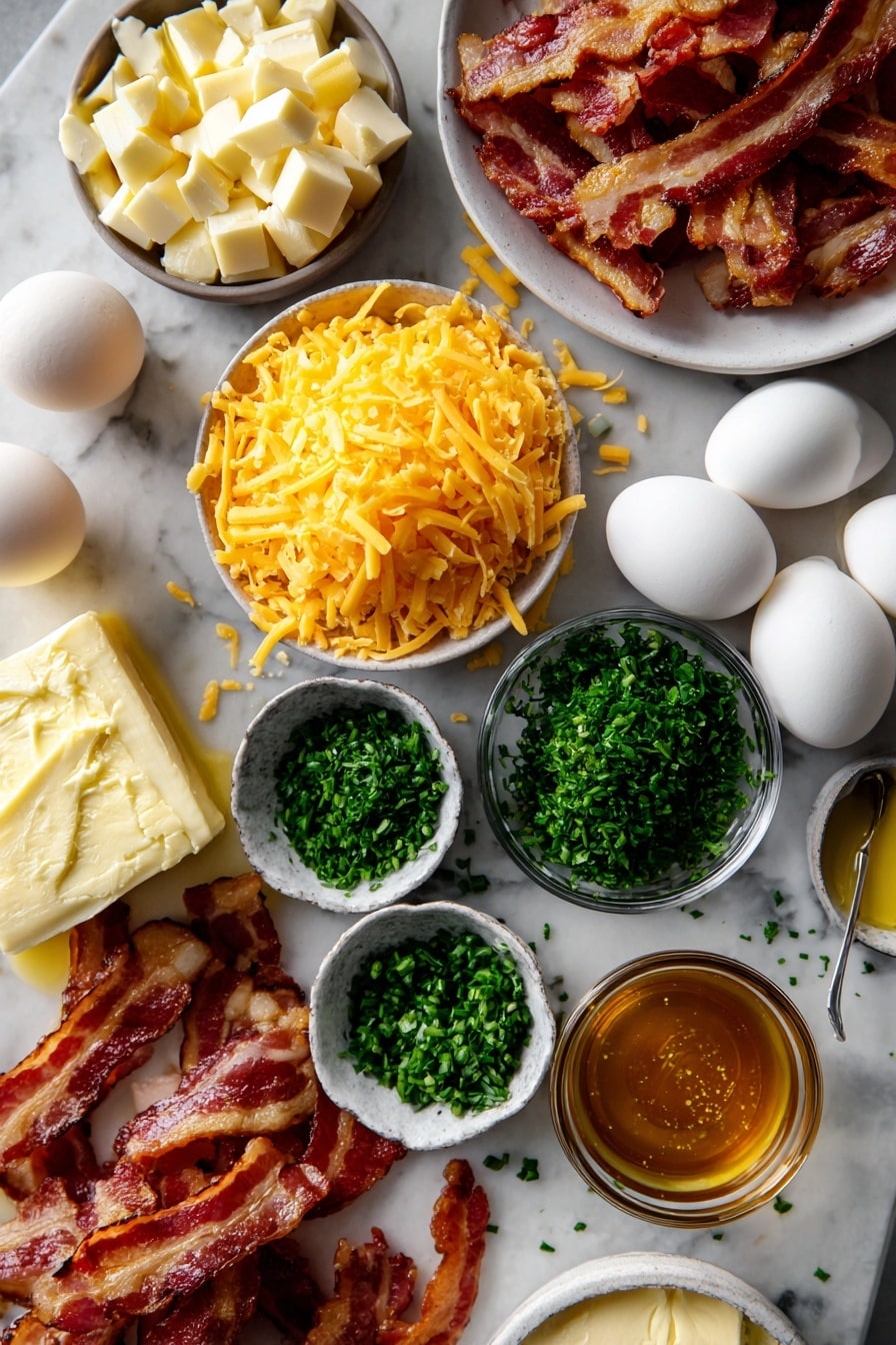 Flat lay of crisp golden bacon strips broken into pieces, sharp shredded cheddar cheese piles, bright green chopped parsley, delicate chopped chives, whole eggs with smooth shells, a small pat of creamy melted butter, and a drizzle of glossy honey artfully arranged in small glass bowls and scattered naturally, placed on a white marble surface, photo taken with an iphone --ar 2:3 --v 7 - Savory Cheddar & Bacon Dutch Baby, Dutch Baby with Cheddar and Bacon, Easy Savory Dutch Baby Recipe, Cheddar Bacon Pancake, Brunch Dutch Baby