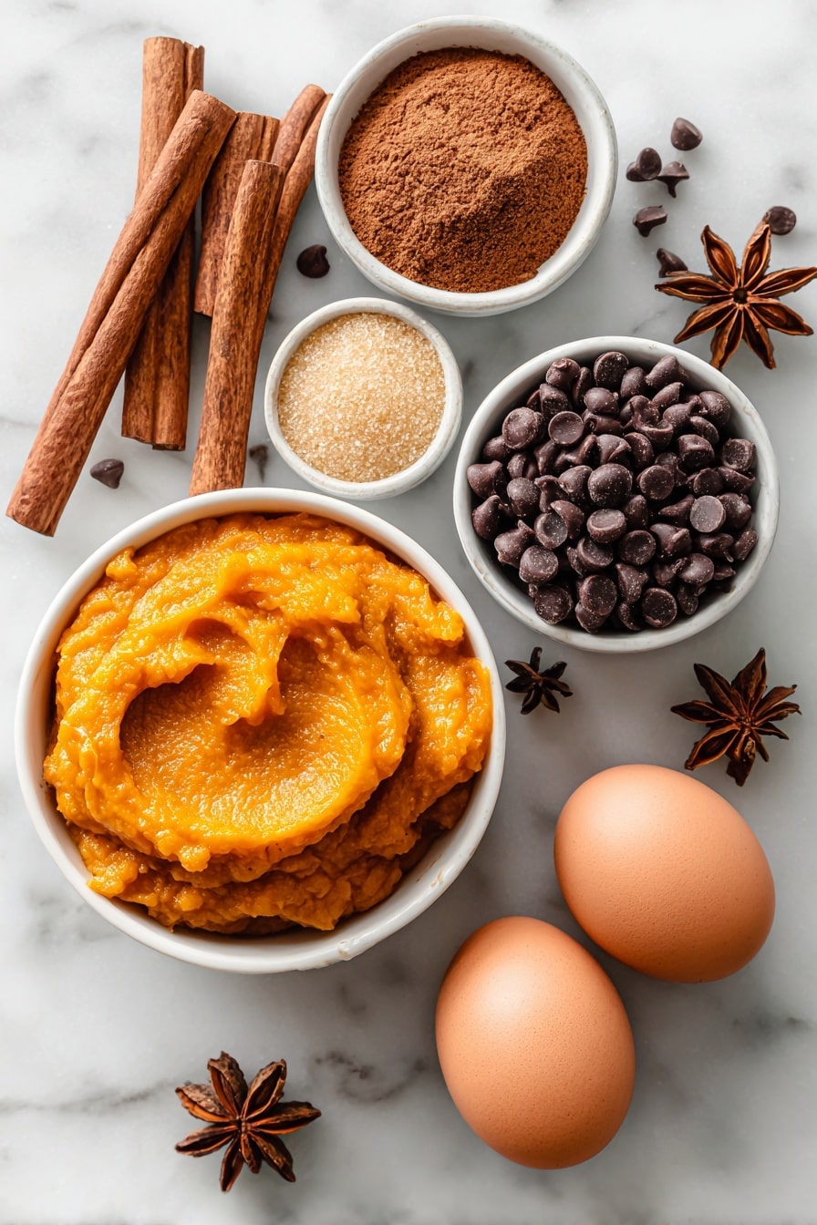 Flat lay of a rich orange pumpkin puree in a small bowl, a heap of golden brown sugar and white sugar side by side, glossy dark semisweet chocolate chips scattered neatly, warm cinnamon sticks and freshly grated nutmeg arranged artistically, a couple of smooth brown eggs, and a few star anise pods adding visual interest, all placed on a white marble surface, photo taken with an iphone --ar 2:3 --v 7 - Pumpkin Chocolate Chip Muffins, pumpkin muffin recipes, fall dessert ideas, easy pumpkin muffins, chocolate chip muffin recipe