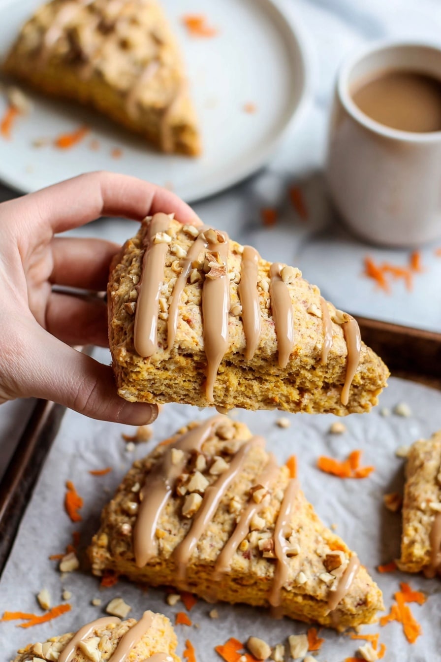 The image shows triangular scones with a light brown color and a crumbly texture, drizzled with light brown glaze in thin stripes on the top layers, sprinkled with small chopped nuts. One scone is being held by a woman's hand, lifting it from a white tray lined with parchment paper with a few scattered carrot shreds and crumbs around. In the background, there is a white plate holding two more scones with similar glaze and nuts. The setting is on a white marbled surface, capturing a close and clear view. photo taken with an iphone --ar 2:3 --v 7 - Carrot Cake Scones with Cinnamon Glaze, carrot cake scones, cinnamon glaze scones, easy carrot scones, brunch scones recipes