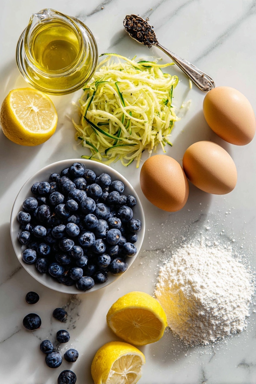 Flat lay of fresh blueberries, grated zucchini, large brown eggs, a small heap of granulated sugar, a dish of vanilla extract, powdered sugar dusted lightly, and fresh lemon wedges beautifully arranged in a natural and inviting way, placed on a white marble surface, photo taken with an iphone --ar 2:3 --v 7 - Blueberry Zucchini Bread with Lemon Glaze, blueberry zucchini bread, healthy zucchini bread, lemon glazed quick bread, blueberry zucchini loaf