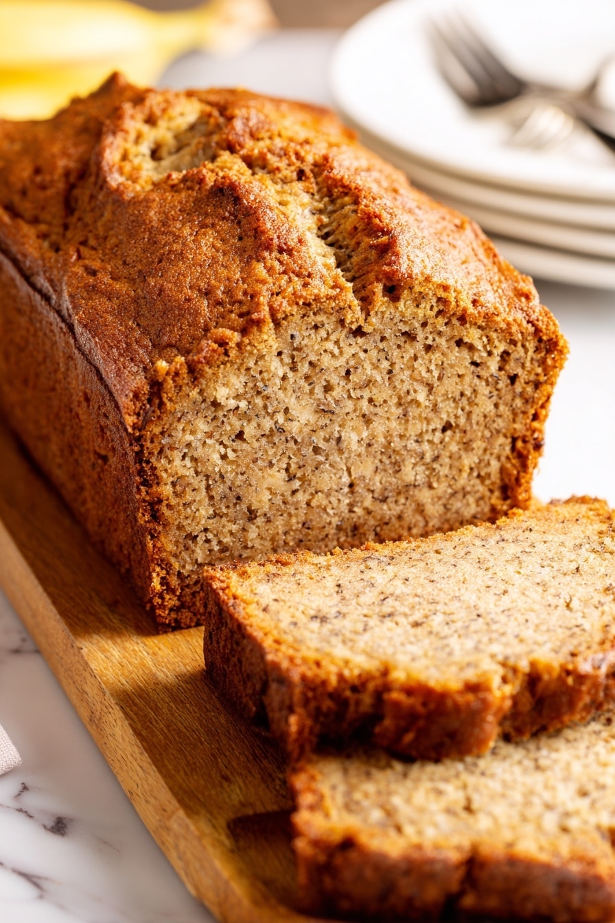 The image shows three slices of banana bread with a golden-brown crust and a light tan interior speckled with small dark spots, placed on a wooden board. Behind the bread, there are whole yellow bananas blurred out and a tall glass filled with milk, all set against a white marbled surface. The bread slices are stacked slightly leaning on each other, showing the moist and textured inside clearly. Photo taken with an iphone --ar 2:3 --v 7 - One-Bowl Banana Bread, quick banana bread recipe, easy banana bread, moist banana bread, beginner-friendly banana bread