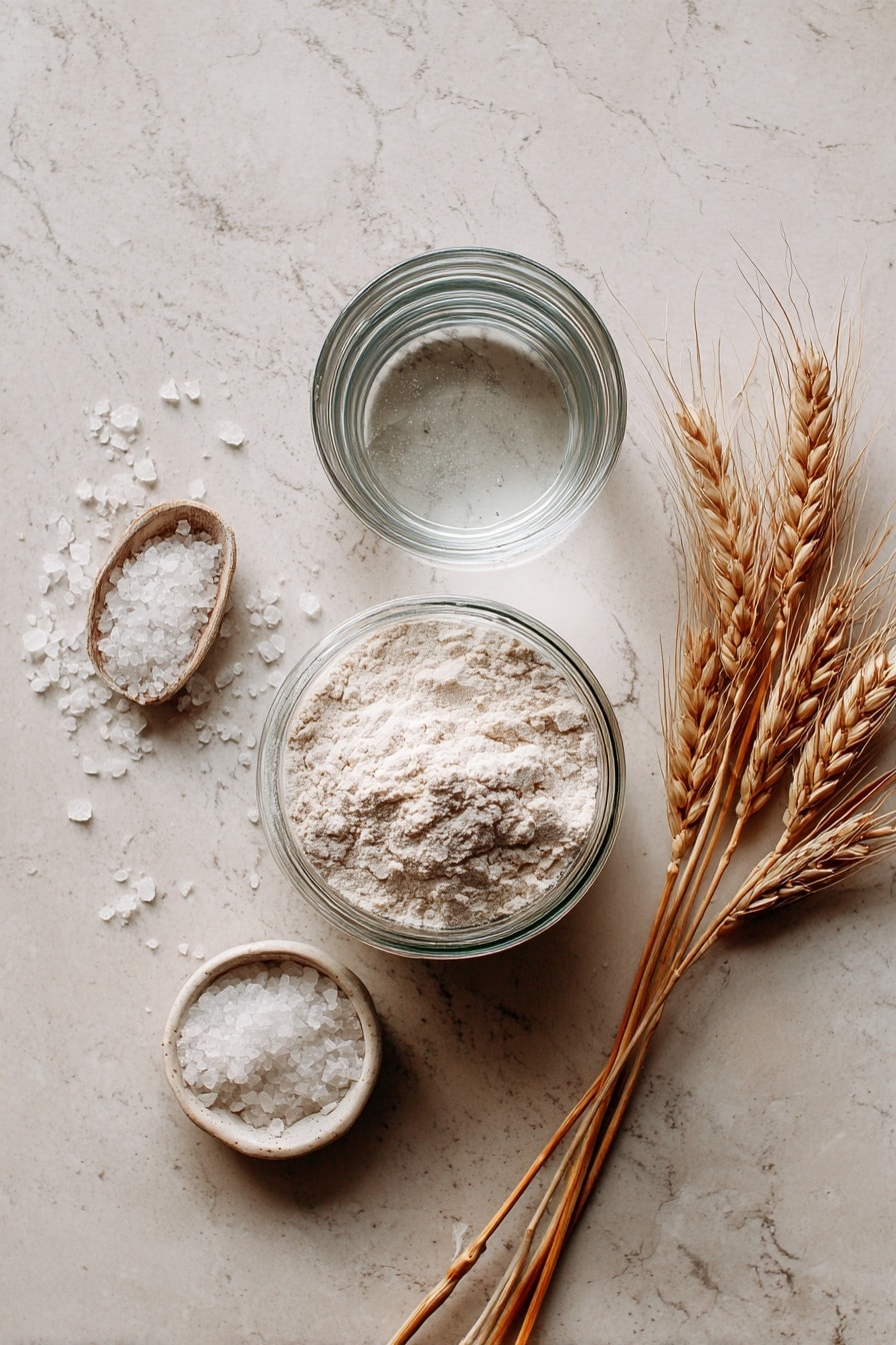 Flat lay of active sourdough starter in a small glass jar, unbleached bread flour loosely piled in a small mound, clear water in a glass measuring cup, coarse sea salt crystals scattered neatly, a few sprigs of fresh wheat stalks for texture, all beautifully arranged with soft natural light, placed on a white marble surface, photo taken with an iphone --ar 2:3 --v 7 - Homemade Sourdough Bread, sourdough bread recipe, how to make sourdough, artisanal bread, sourdough baking tips