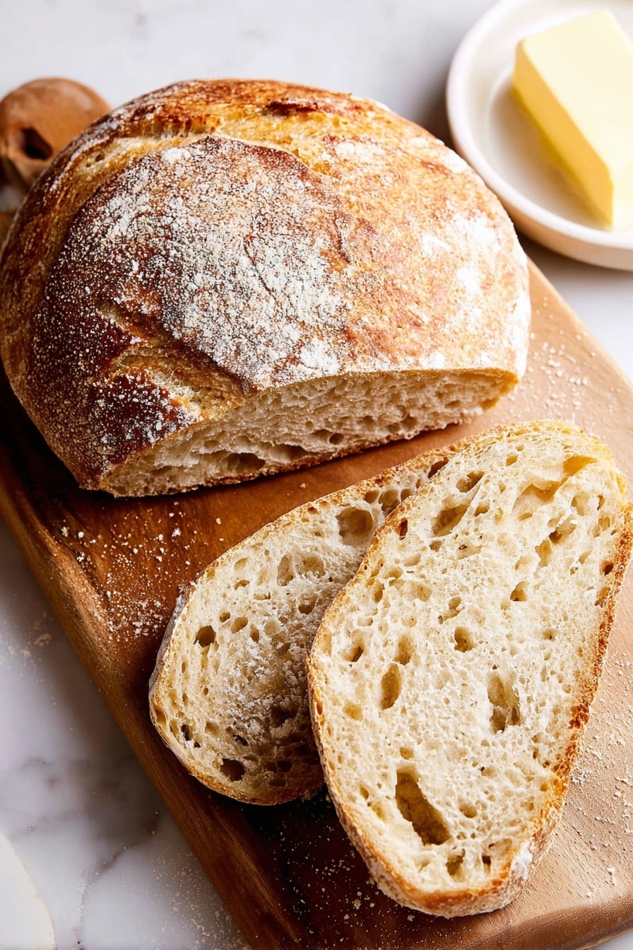 A round loaf of bread with a crusty and slightly cracked golden-brown top dusted with flour sits on a wooden board, with two thick slices showing its airy, light beige inside filled with irregular holes placed in front. In the top right corner, a white dish with a stick of pale yellow butter rests on the wooden board. The scene is set on a white marbled textured surface. photo taken with an iphone --ar 2:3 --v 7 - Homemade Sourdough Bread, sourdough bread recipe, how to make sourdough, artisanal bread, sourdough baking tips