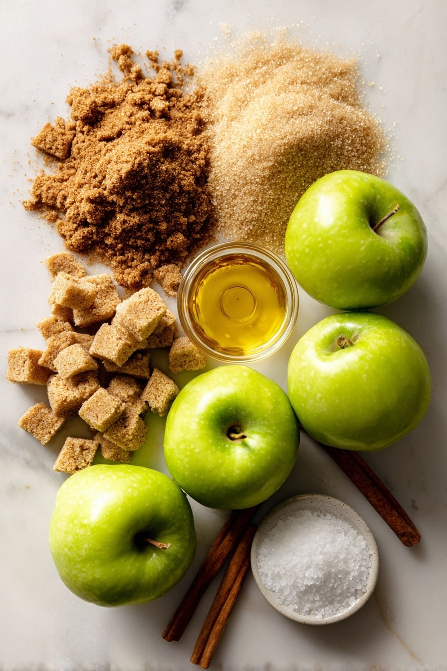 Flat lay of green Granny Smith apples, golden buttermilk biscuit pieces dusted with cinnamon sugar, mounds of light and dark brown sugar, a small pool of warm melted butter, and a sprinkle of sea salt crystals, all beautifully arranged with the ingredients touching and overlapping to highlight texture and color contrast, placed on a white marble surface, photo taken with an iphone --ar 2:3 --v 7 - Caramel Apple Monkey Bread, apple monkey bread, caramel apple dessert, easy fall dessert, printable monkey bread recipe