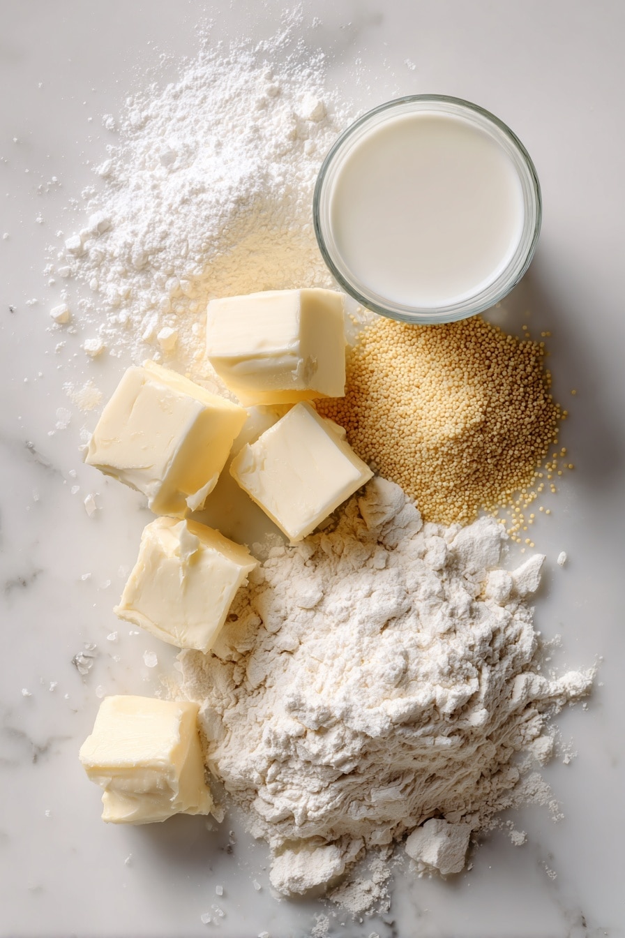 Flat lay of soft cubes of unsalted butter, a small heap of granulated sugar, scattered raw all-purpose flour, a pile of golden instant yeast granules, a glass of whole milk, a few water droplets, and a pinch of coarse kosher salt, all beautifully arranged in a natural, inviting way with warm soft light, placed on a white marble surface, photo taken with an iphone --ar 2:3 --v 7 - White Sandwich Bread, homemade bread recipe, fluffy bread loaf, easy bread baking, soft sandwich bread