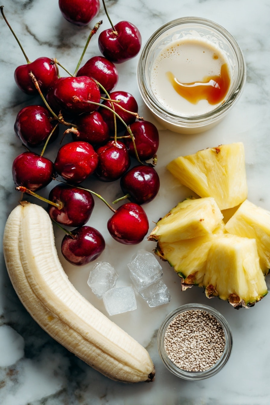 Flat lay of bright red fresh cherries with some cherries still attached to their stems, a peeled frozen banana sliced into thick rounds, juicy golden pineapple chunks, translucent ice cubes glistening with frost, a small mound of tiny chia seeds, a glass jug of smooth almond milk with a creamy white tint, and a small drizzle of rich amber maple syrup artfully placed in a tiny spot, all arranged neatly on a white marble surface, photo taken with an iphone --ar 2:3 --v 7 - Cherry Banana Pineapple Smoothie, tropical fruit smoothie, healthy fruit smoothie, quick nutritious drinks, vegan smoothie recipes