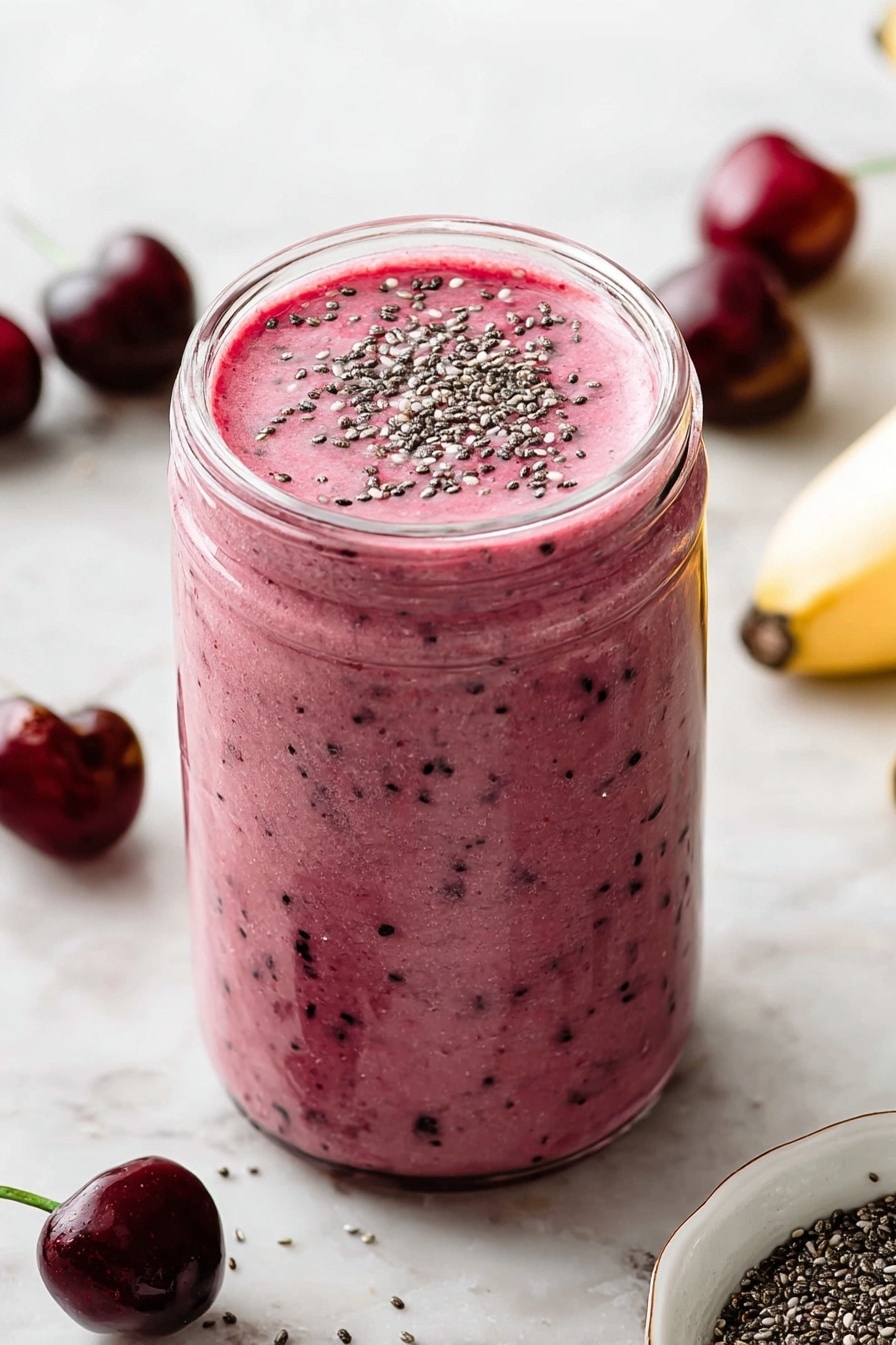 A tall glass jar filled with a thick pink smoothie that has small dark specks mixed throughout, topped with a sprinkle of black and white chia seeds, placed on a white marbled surface. Around the jar, there are shiny dark red cherries scattered, adding contrast to the light background. A portion of a white bowl with more chia seeds is visible at the bottom right corner. The overall look is fresh and inviting, with the smoothie showing a creamy texture and vibrant color photo taken with an iphone --ar 2:3 --v 7 - Cherry Banana Pineapple Smoothie, tropical fruit smoothie, healthy fruit smoothie, quick nutritious drinks, vegan smoothie recipes