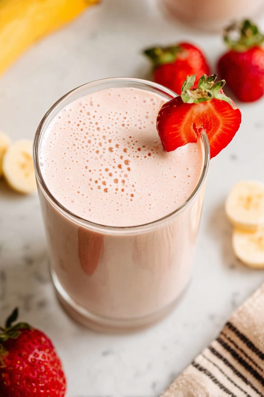 A tall clear glass filled with a thick, light pink smoothie topped with small bubbles across the surface and a fresh red strawberry slice resting on the rim. Around the glass, on a white marbled surface, there are whole strawberries, a few banana slices, and part of a yellow fruit visible on the left side. A soft beige and black-striped cloth is partially seen on the right side. The image is bright and sharp, showing fresh, natural colors. photo taken with an iphone --ar 2:3 --v 7 - Papaya and Strawberry Smoothie, tropical fruit smoothie, healthy smoothie recipes, easy summer drinks, vegan smoothie ideas