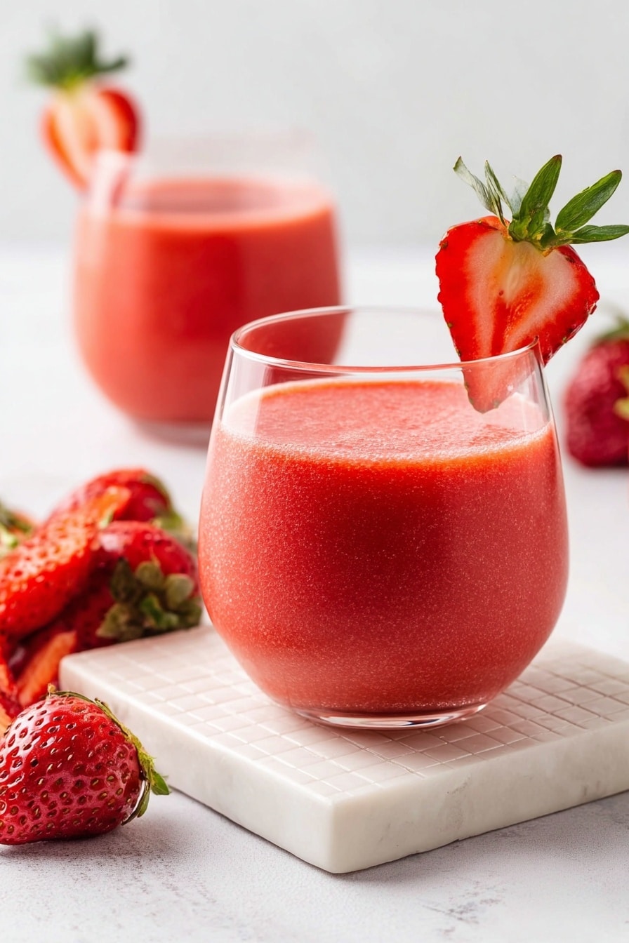 A clear round glass filled almost to the top with smooth, bright red strawberry smoothie sits on a square white board with a subtle grid texture, placed on a white marbled surface. The rim of the glass has a fresh half-cut strawberry with green leaves attached. In the background, there is a second similar glass with strawberry smoothie, also decorated with a strawberry on the rim, slightly out of focus. To the left side of the front glass, there are several fresh whole and halved strawberries, with green leaves visible, arranged on the white marbled surface. The soft lighting highlights the vibrant red colors and smooth texture of the smoothie and strawberries. Photo taken with an iphone --ar 2:3 --v 7 - Frosè – Frozen Rose, frozen rosé drink, summer cocktail, icy wine beverage, refreshing summer drink