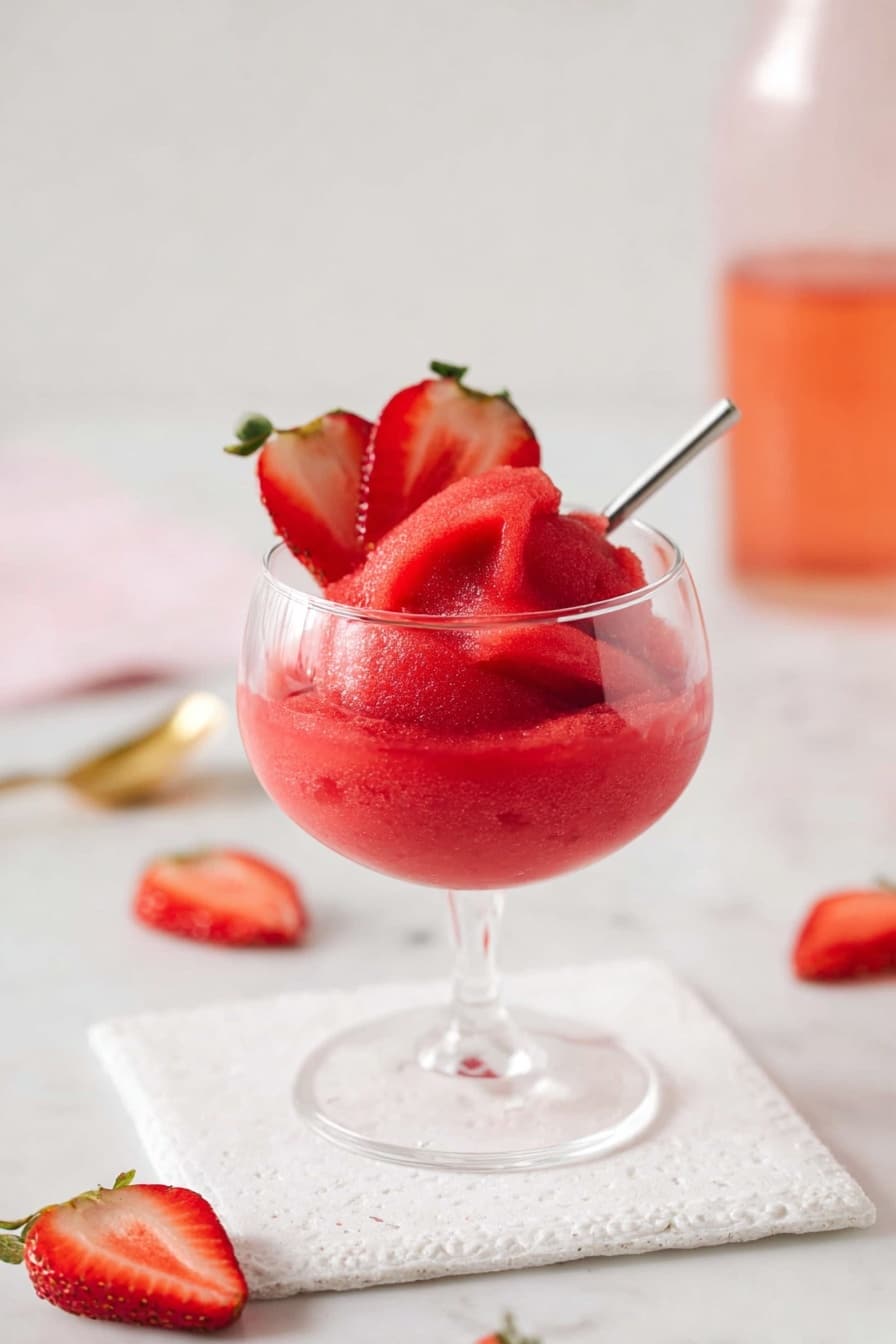 A clear glass dessert cup filled with one thick layer of smooth, bright red strawberry sorbet, topped with two fresh strawberry slices placed on a silver skewer across the top. The cup is set on a white textured square tile on a white marbled surface. Around the cup, there are several strawberry slices scattered, and in the background, a transparent glass with light red liquid and a gold spoon are softly blurred. The overall scene has a clean, fresh look with pastel light tones. photo taken with an iphone --ar 2:3 --v 7 - Frosè – Frozen Rose, frozen rosé drink, summer cocktail, icy wine beverage, refreshing summer drink