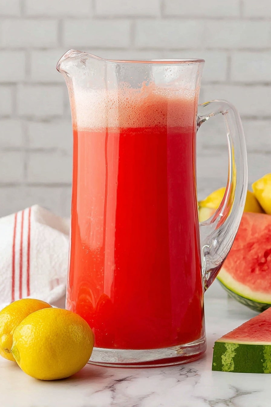 A tall clear glass pitcher filled with bright red watermelon juice with a thin frothy layer on top, showing a smooth liquid texture. The pitcher has a clear glass handle on the right side and stands on a white marbled surface. Around the base of the pitcher are two whole yellow lemons and a small slice of watermelon with a green rind and red flesh. In the background, a white brick wall is visible, along with a white cloth with red stripes and a larger watermelon half with red flesh and green rind on the right side. Photo taken with an iphone --ar 2:3 --v 7 - Watermelon Lemonade, summer refreshing drinks, homemade fruit beverages, easy drink recipes, healthy summer drinks