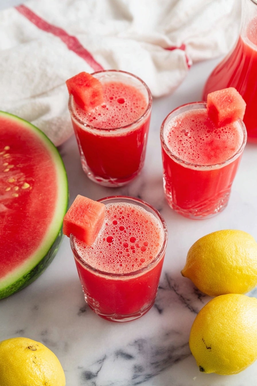 Three clear glasses filled with bright red watermelon juice, each glass topped with small bubbles and a cube of watermelon on the rim. The glasses are placed on a white marbled surface. Around them, there is a large slice of watermelon showing its green rind and red flesh with black seeds, two whole yellow lemons, and part of a watermelon half in the corner. Behind the glasses, there is a white cloth with a red stripe and a clear glass pitcher filled with watermelon juice. The scene is bright and fresh, perfect for summer. photo taken with an iphone --ar 2:3 --v 7 - Watermelon Lemonade, summer refreshing drinks, homemade fruit beverages, easy drink recipes, healthy summer drinks