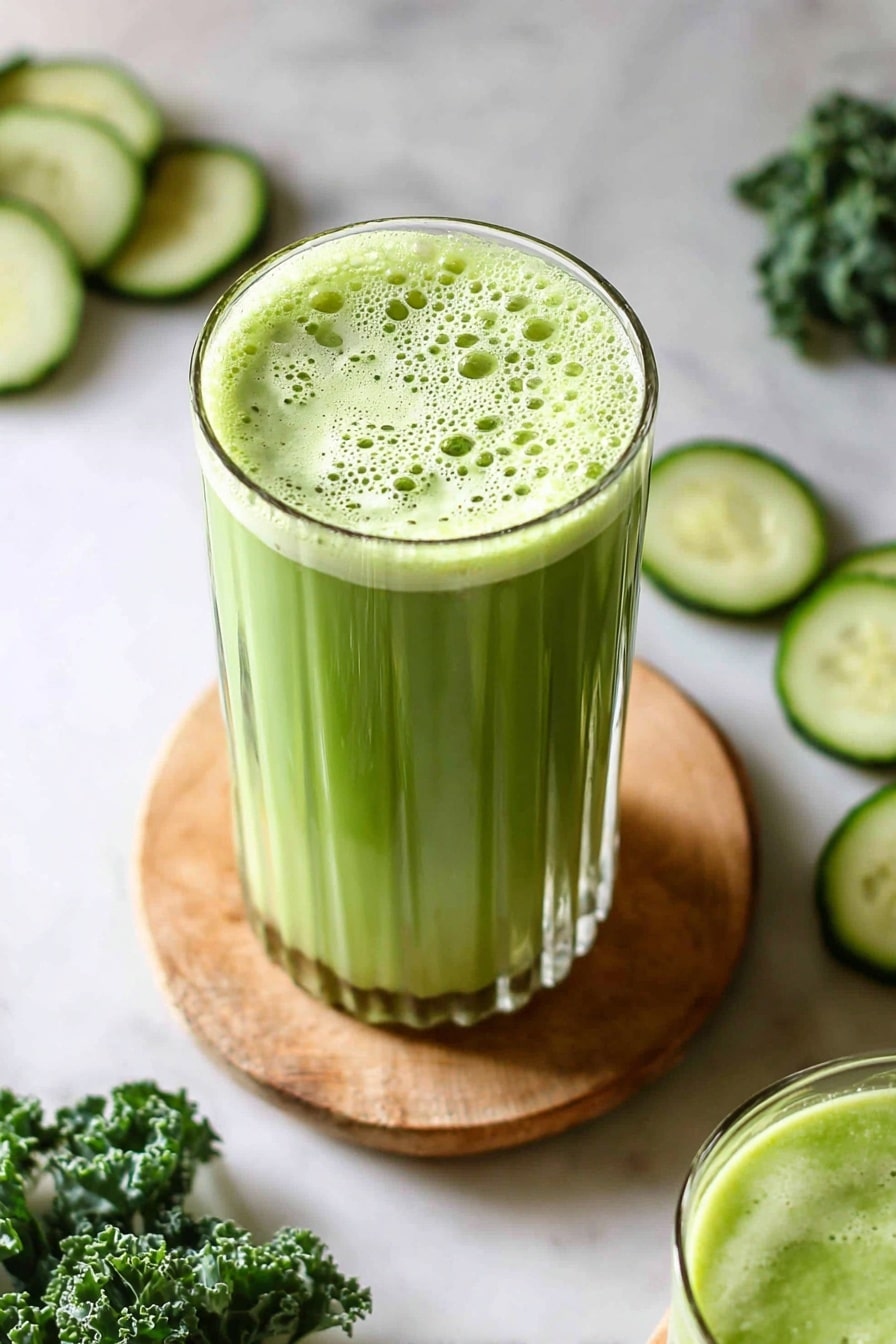 The image shows a tall clear glass filled with a bright green smoothie with a thick layer of light green foam with small bubbles on top. The glass has vertical ridges and stands on a white marbled surface. Around the glass, there are fresh cucumber slices with pale green centers and dark green edges, and a few curly dark green kale leaves. Part of a second glass with the same smoothie is visible on the right side on a round wooden board. The scene is bright and fresh-looking. photo taken with an iphone --ar 2:3 --v 7 - Green Juice, Green Juice Recipe, Healthy Green Juice, Fresh Juice Recipe, Quick Green Smoothie