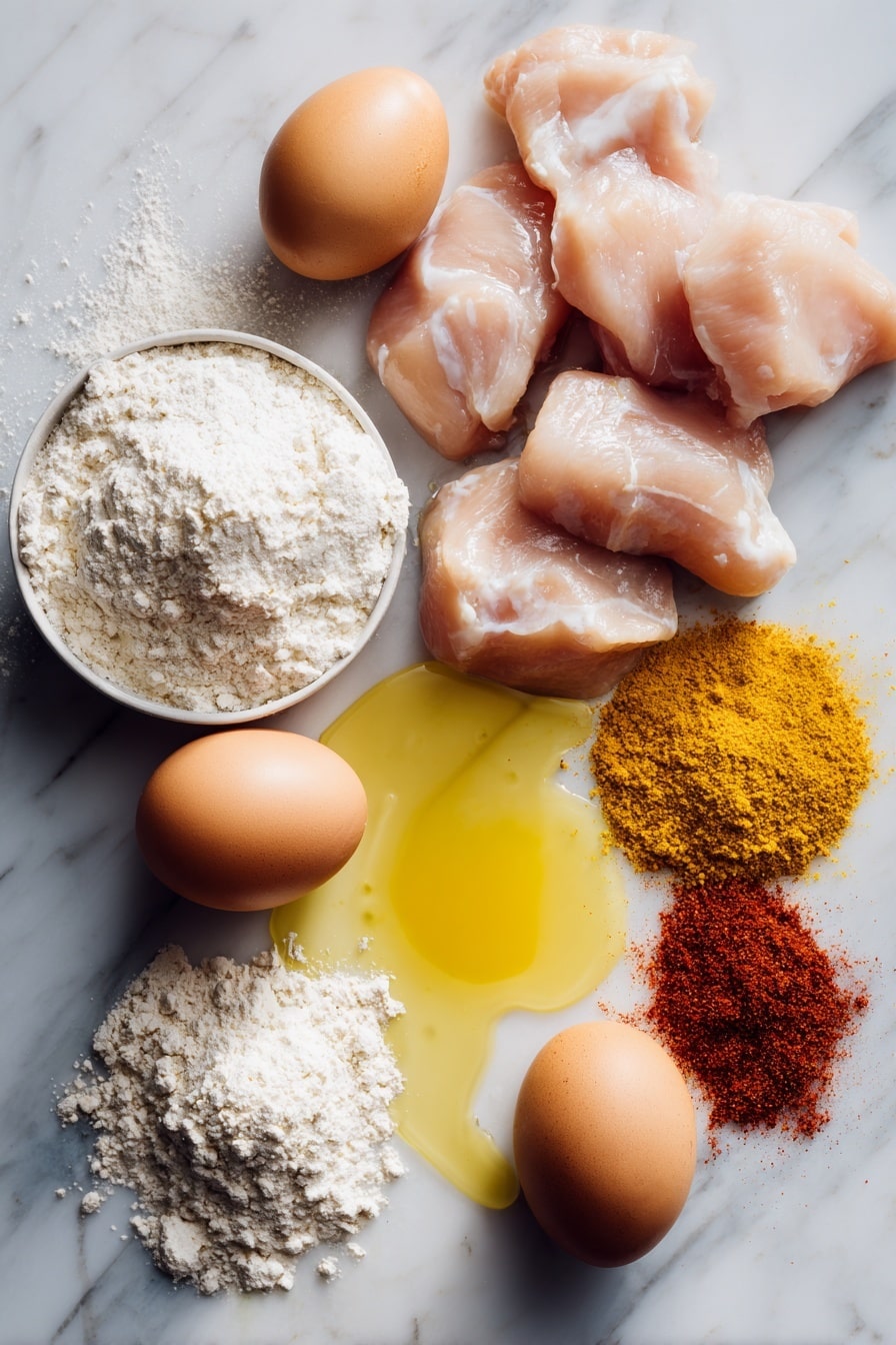 Flat lay of raw chicken breast pieces, a small pile of all-purpose flour, a bowl of cornstarch, a small mound of garlic powder, onion powder, and paprika arranged in neat piles, two large brown eggs cracked open beside a small pool of buttermilk, and a small drizzle of golden olive oil artfully placed around, all arranged on a white marble surface, photo taken with an iphone --ar 2:3 --v 7 - Air Fryer Popcorn Chicken, healthy popcorn chicken, crispy chicken bites, air fryer chicken recipes, easy snack recipes