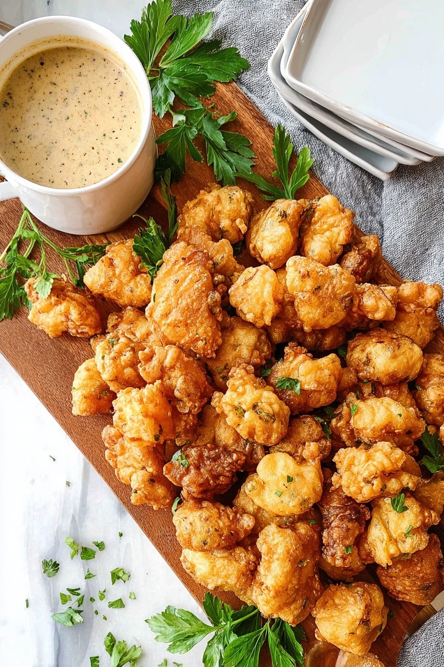 A wooden board holds a large pile of golden-brown fried pieces, each with a crunchy texture and slight green herb flecks. On top edges of the board, there are fresh green parsley leaves adding a splash of color. In the upper left corner, a white mug filled with a creamy, speckled sauce sits next to the fried pieces. In the top right corner of the board, a stack of clean white square plates rests on a white marbled surface. The overall look is warm and inviting with a contrast between crispy food, fresh herbs, and clean white dishes. Photo taken with an iphone --ar 2:3 --v 7 - Air Fryer Popcorn Chicken, healthy popcorn chicken, crispy chicken bites, air fryer chicken recipes, easy snack recipes