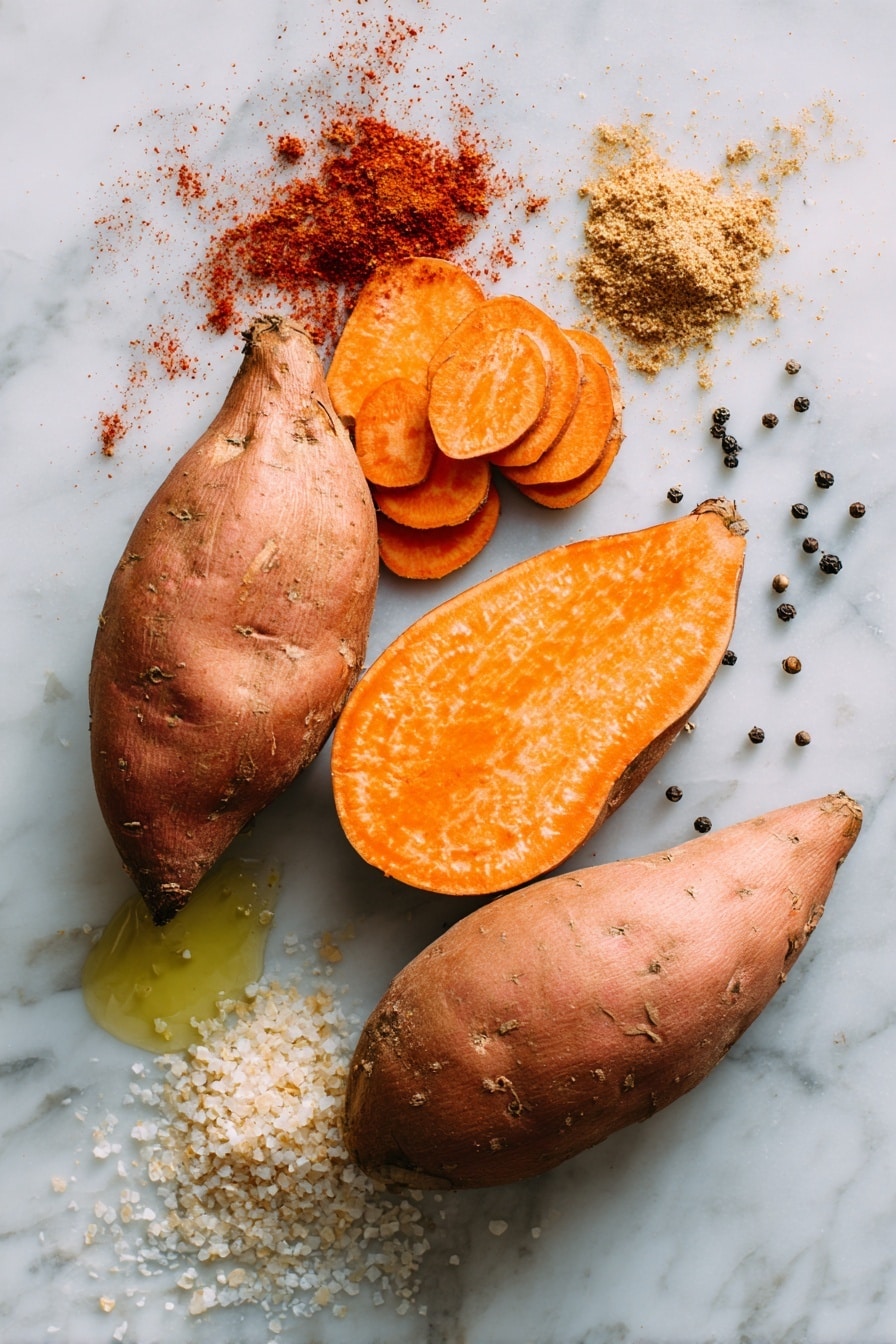 Flat lay of two large unpeeled sweet potatoes with bright orange flesh visible in a few slices, scattered sweet paprika powder with its warm red hue, a small pile of pale golden olive oil glistening gently, granules of coarse sea salt sparkling subtly, a small heap of light beige onion powder, and a few whole black peppercorns arranged artfully around, all placed on a white marble surface, photo taken with an iphone --ar 2:3 --v 7 - Air Fryer Sweet Potato Fries, crispy sweet potato fries, healthy snack recipes, easy air fryer recipes, homemade sweet potato fries