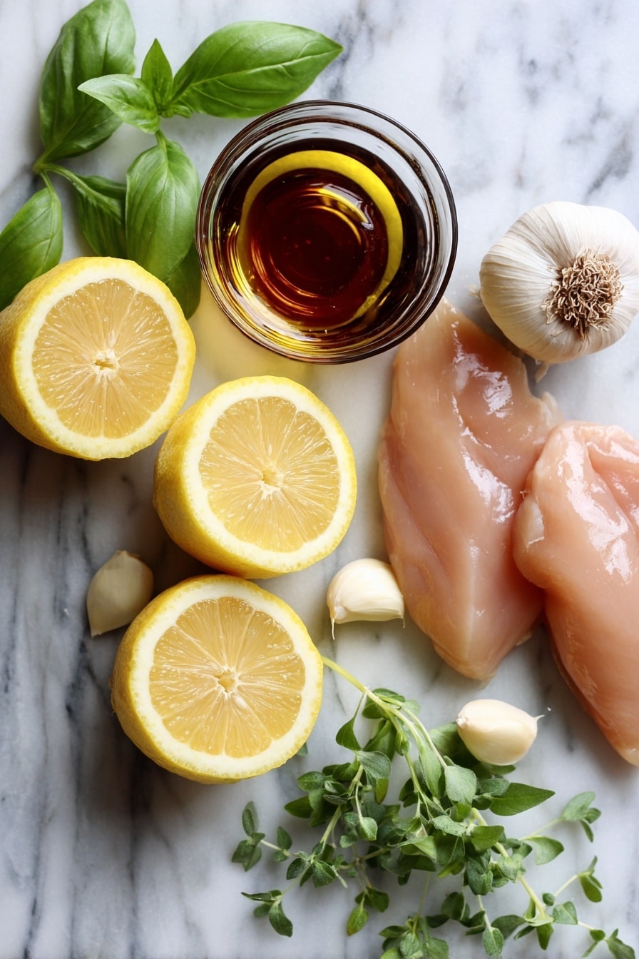 Flat lay of fresh lemon halves and slices, whole garlic cloves, bright green sprigs of oregano, parsley, and basil, a small glass bowl filled with rich golden olive oil, a bottle of Worcestershire sauce with a deep amber color, and raw boneless, skinless chicken breasts neatly arranged, placed on a white marble surface, photo taken with an iphone --ar 2:3 --v 7 - Air Fryer Lemon Herb Chicken Breasts, lemon herb chicken, healthy chicken recipes, quick chicken dinner, easy air fryer chicken