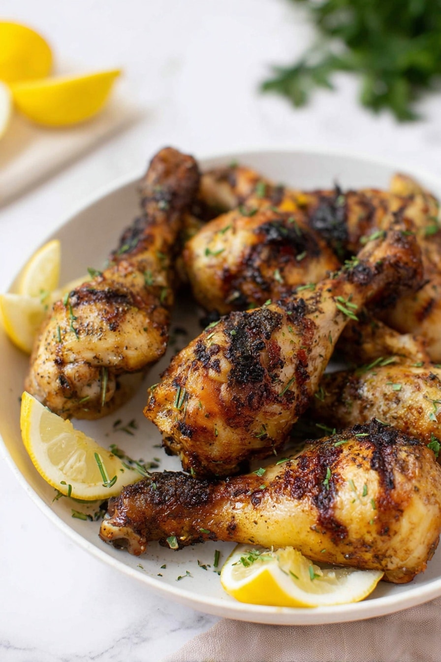 A round white plate lined with white parchment paper holds six grilled chicken drumsticks arranged in a loose circle. The drumsticks have a golden brown color with charred black grill marks and small green herb bits sprinkled on top. Three lemon wedges with bright yellow skin and pale yellow flesh are placed around the drumsticks. Small green parsley leaves are scattered on the white marbled surface around the plate. photo taken with an iphone --ar 2:3 --v 7 - Air Fryer Lemon Garlic Chicken Drumsticks, Lemon Garlic Chicken, Crispy Air Fryer Chicken, Easy Chicken Dinner, Healthy Chicken Recipes