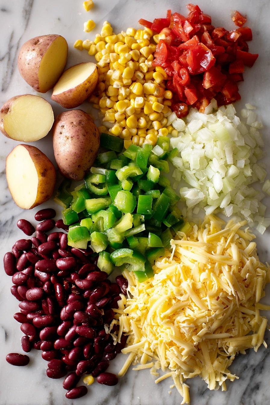 Flat lay of fresh baby red potatoes sliced thin, bright green bell pepper chopped, glossy fire-roasted diced tomatoes in a small pile, deep red kidney beans rinsed and drained, vibrant yellow corn kernels scattered, a mound of finely diced yellow onion, minced garlic cloves beside them, and a heap of shredded Colby Jack cheese, all beautifully arranged on a white marble surface, photo taken with an iphone --ar 2:3 --v 7 - Crockpot Cowboy Casserole, hearty slow cooker dinner, easy casserole recipe, comfort food in the crockpot, family-friendly slow cooker meal