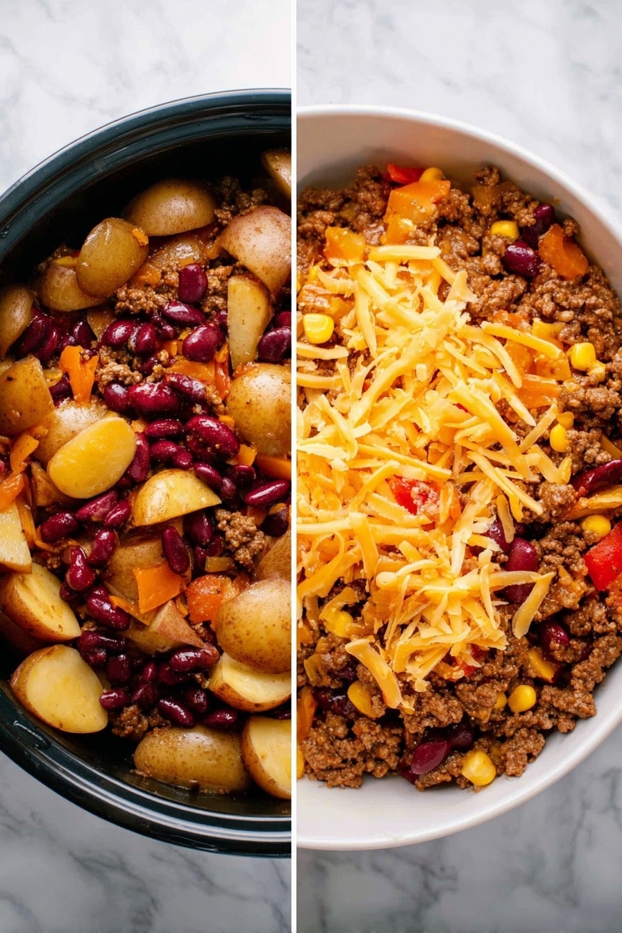 The dish in the white bowl shows two stages: on the left, a mix of cooked ground meat, sliced golden potatoes, red kidney beans, red pepper pieces, and yellow corn, all with a soft texture and warm brown, red, and yellow colors, filling the bowl almost to the top; on the right side, the same mix is topped with a generous layer of shredded cheddar cheese in bright orange and white colors, covering the ingredients evenly. The scene uses a white marbled surface as background. photo taken with an iphone --ar 2:3 --v 7 - Crockpot Cowboy Casserole, hearty slow cooker dinner, easy casserole recipe, comfort food in the crockpot, family-friendly slow cooker meal