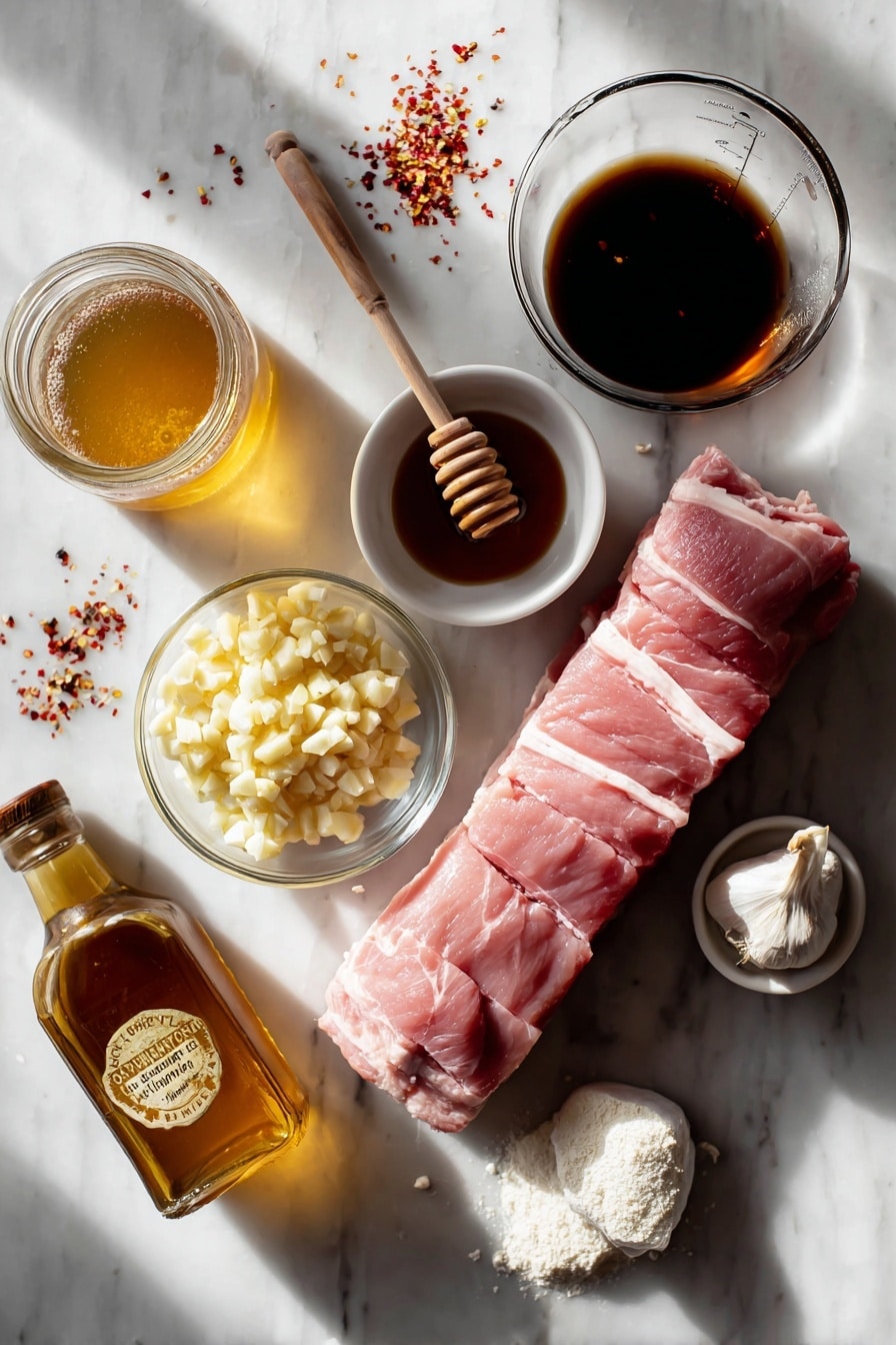 Flat lay of a raw pork tenderloin sliced in half, a small jar of golden honey with a wooden honey dipper resting beside it, a heap of fresh minced garlic cloves, a small bowl of rich dark soy sauce, a measuring cup of clear chicken broth, a bottle of apple cider vinegar with a few drops spilled artistically, scattered red pepper flakes, and a small pile of corn starch powder, all beautifully arranged with natural light and subtle shadows, placed on a white marble surface, photo taken with an iphone --ar 2:3 --v 7 - Slow Cooker Honey Garlic Pork Tenderloin, honey garlic pork, slow cooker pork recipes, easy pork tenderloin, flavorful pork dishes