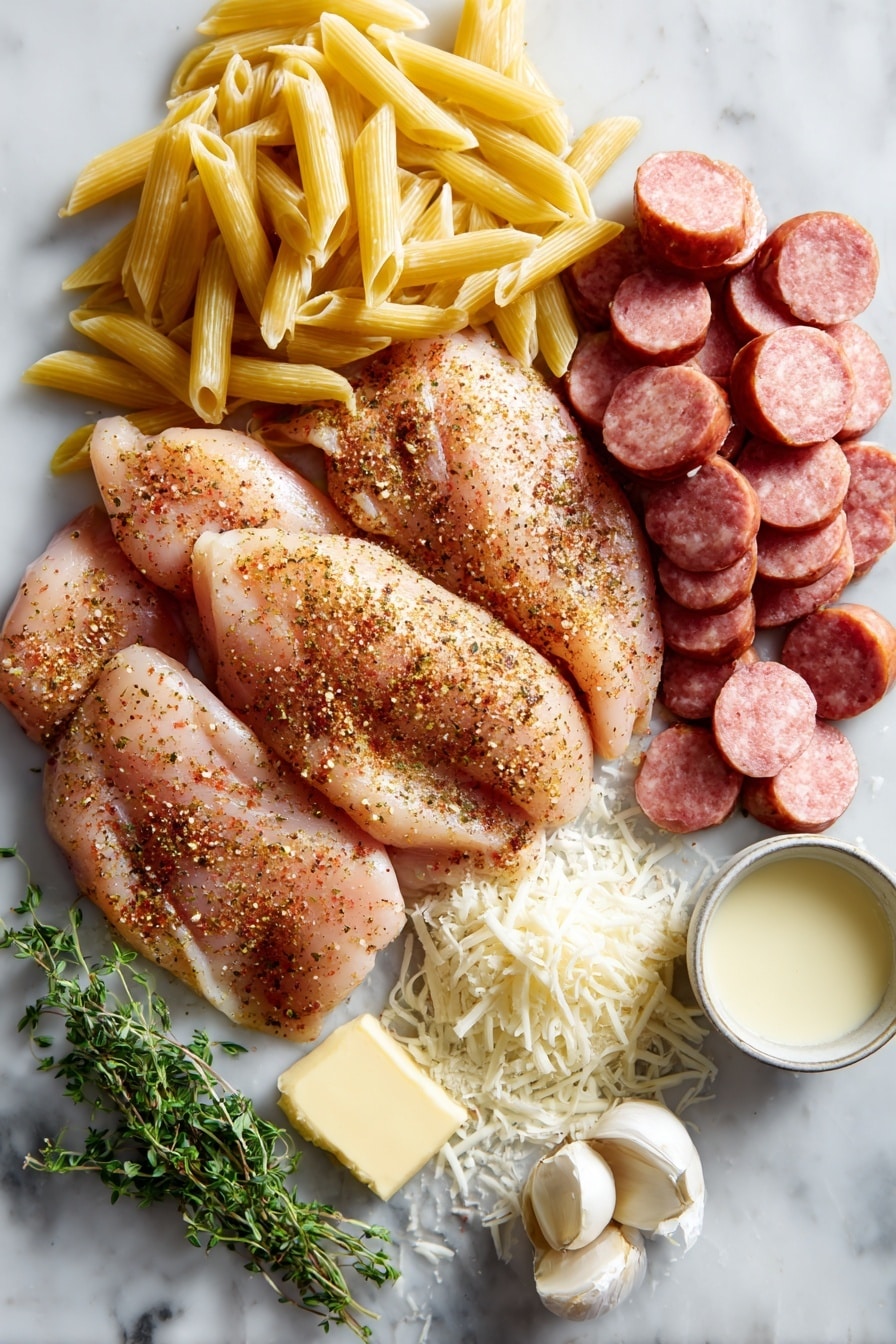 Flat lay of raw chicken breasts seasoned with coarse Cajun spice, sliced smoked sausage pieces, uncooked penne pasta scattered loosely, a small pile of freshly shredded Parmesan cheese, two smashed garlic cloves, a pat of butter, a small pool of heavy cream, and a few sprigs of fresh herbs for color contrast, all arranged beautifully on a white marble surface, photo taken with an iphone --ar 2:3 --v 7 - Slow Cooker Cajun Chicken Alfredo, Cajun Chicken Alfredo recipe, creamy Cajun chicken pasta, easy slow cooker chicken dishes, smoky Cajun Alfredo