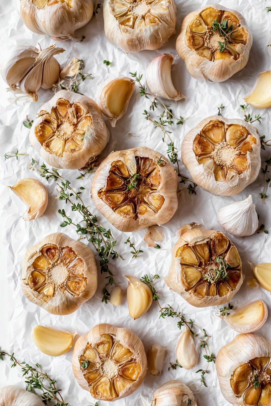 The image shows several whole garlic bulbs roasted, each with the tops sliced off to reveal golden brown, soft garlic cloves inside. There are about ten garlic bulbs spread over a crumpled white paper on a white marbled surface. Small sprigs of green thyme are scattered on and around the garlic, along with loose garlic cloves and some peeling white garlic skins. The roasted garlic cloves have a slightly shiny, caramelized texture with light brown to golden tones. The overall color palette is warm beige, light brown, and green from the thyme, with a clean white background. photo taken with an iphone --ar 2:3 --v 7 - Air Fryer Roasted Garlic, roasted garlic in air fryer, easy garlic roasting, quick garlic recipes, garlic flavor enhancer