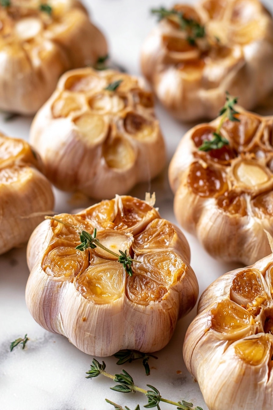 The image shows several whole roasted garlic bulbs arranged closely together on a white marbled surface. Each bulb has its top cut off, exposing about 10 golden-brown softened garlic cloves inside with a slightly caramelized texture. Small sprigs of fresh green herbs, likely thyme, are placed on or near some garlic bulbs, adding a contrast of green. The garlic skins are pale tan with hints of light pink and look slightly wrinkled from roasting. The light is soft, making the garlic look warm and tender. Photo taken with an iphone --ar 2:3 --v 7 - Air Fryer Roasted Garlic, roasted garlic in air fryer, easy garlic roasting, quick garlic recipes, garlic flavor enhancer