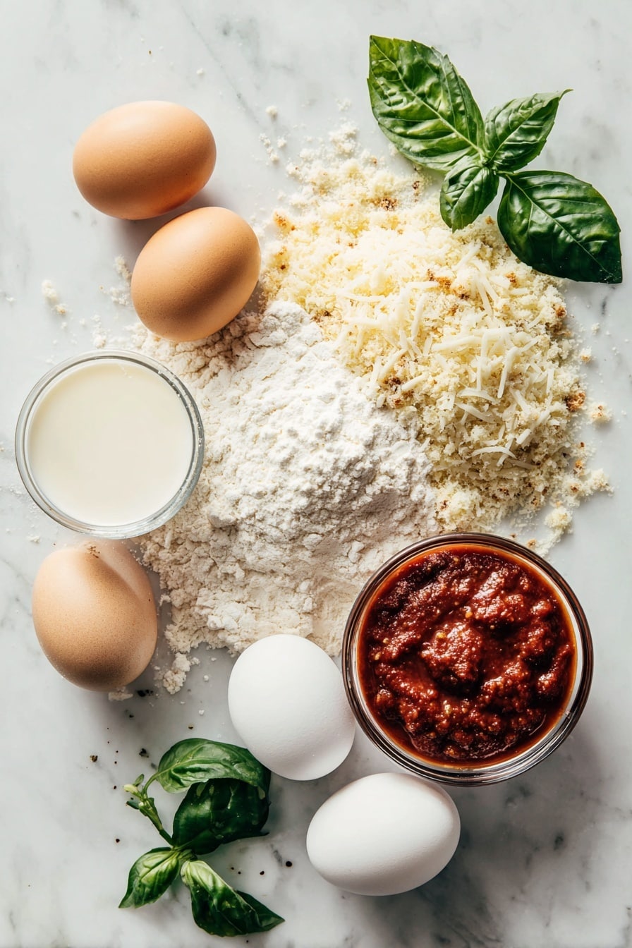 Flat lay of golden breaded ravioli, two large eggs cracked open showing bright yellow yolks, a small glass of creamy milk, a pile of Italian seasoned breadcrumbs with visible herbs, a sprinkle of finely shredded Parmesan cheese, a small bowl filled with rich red marinara sauce, fresh basil leaves scattered for color, all placed on a white marble surface, photo taken with an iphone --ar 2:3 --v 7 - Baked Toasted Ravioli, Italian appetizer with marinara and parmesan, crispy baked pasta bites, easy baked ravioli dip, homemade baked ravioli snack