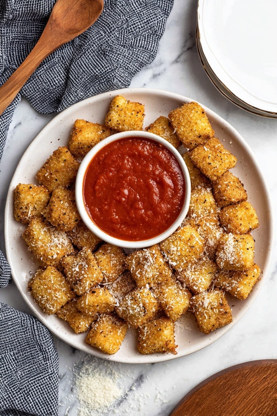 The image shows a white round plate filled with small, golden-brown square pieces that look crispy and are sprinkled with some white grated topping. In the middle right of the plate, there is a smaller white bowl full of thick red sauce, which looks smooth and slightly chunky. The plate is placed on a white marbled surface with a wooden spoon on the left side and a folded blue-gray checkered cloth at the top left corner. At the top right, there is an empty white plate on a wooden trivet. Photo taken with an iphone --ar 2:3 --v 7 - Baked Toasted Ravioli, Italian appetizer with marinara and parmesan, crispy baked pasta bites, easy baked ravioli dip, homemade baked ravioli snack