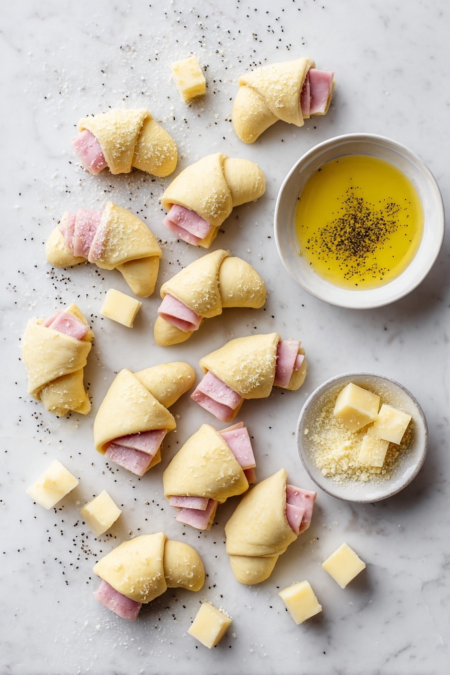 Flat lay of neatly arranged crescent roll dough pieces, small slices of pink ham, golden cubes of cheese, a small bowl of melted butter sprinkled with tiny black poppyseeds, and a fine spray of grapeseed oil visible in a delicate mist, all spread artistically with some poppyseeds gently scattered around, placed on a white marble surface, photo taken with an iphone --ar 2:3 --v 7 - Air Fryer Ham and Cheese Crescent Rolls, ham and cheese crescent rolls, air fryer appetizers, quick savory snacks, easy crescent roll recipes