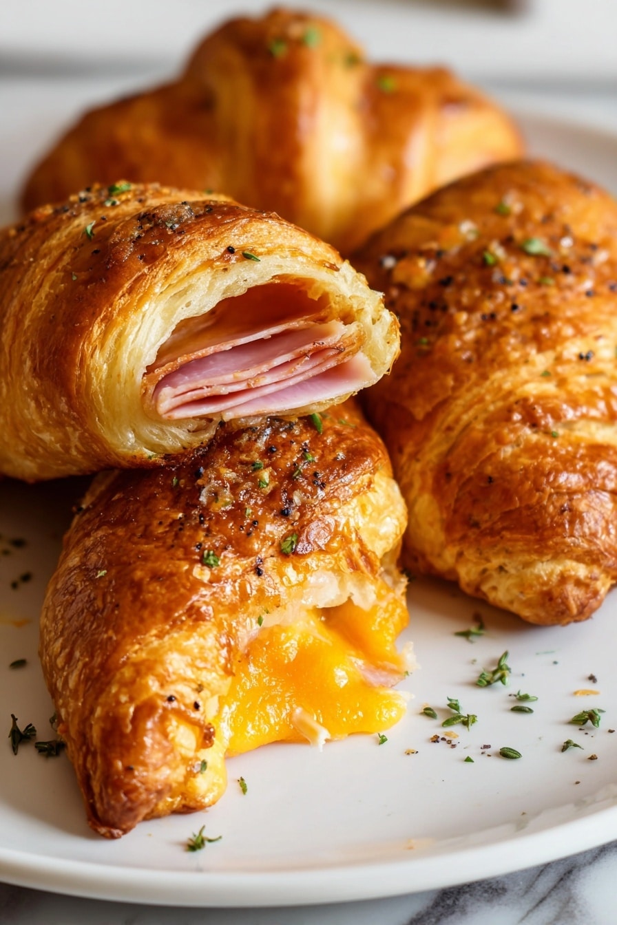 The image shows three golden brown croissants on a white plate with a white marbled surface in the background. Each croissant has a shiny, crispy outer layer with small bits of green herbs and some black seeds sprinkled on top. One croissant is broken open, revealing a middle layer of pink ham and a layer of melted bright orange cheese inside. The layers are soft and flaky, showing off the bread's airy texture. The croissants are placed close together with some herbs scattered around them. Photo taken with an iphone --ar 2:3 --v 7 - Air Fryer Ham and Cheese Crescent Rolls, ham and cheese crescent rolls, air fryer appetizers, quick savory snacks, easy crescent roll recipes