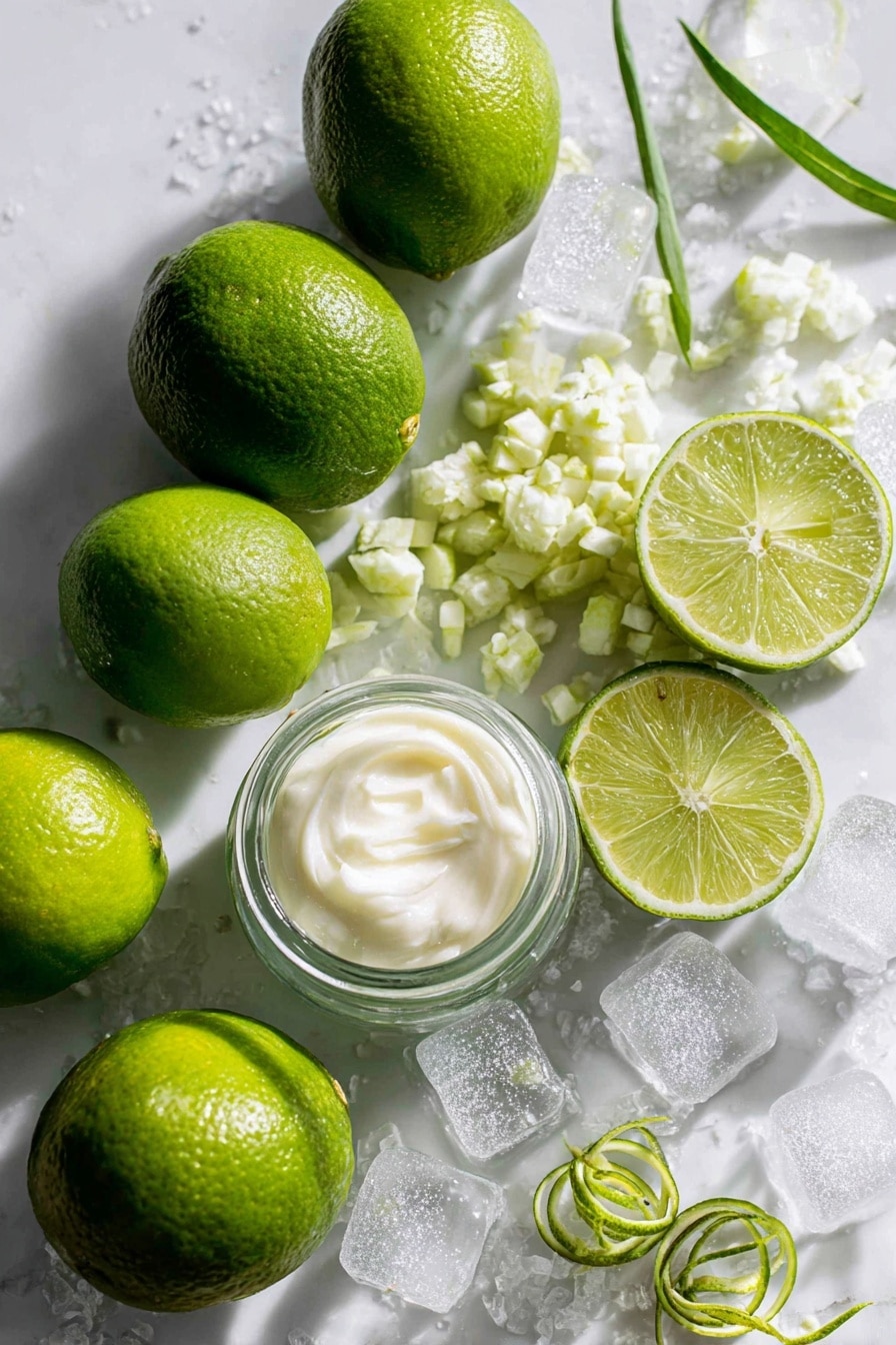 Flat lay of five bright green limes, some whole and some cut into small chunks, fresh lime slices arranged neatly, a small glass jar of thick, creamy sweetened condensed milk, sparkling clear ice cubes scattered artfully, and a few lime zest curls for color contrast, all placed on a white marble surface, photo taken with an iphone --ar 2:3 --v 7 - Brazilian Limeade Brazilian Lemonade, refreshing limeade recipe, easy Brazilian drink, summer citrus beverage, creamy lime beverage