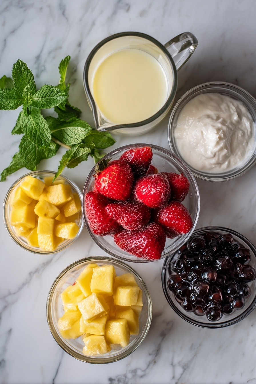 Flat lay of glossy black and translucent bursting boba pearls, vibrant frozen strawberries with their rich red color, bright frozen mango chunks in golden yellow hues, a glass jug of pale yellow lemonade, a small bowl of creamy white heavy whipping cream, and a splash of coconut milk, all beautifully arranged with fresh green mint leaves scattered around for a pop of color, placed on a white marble surface, photo taken with an iphone --ar 2:3 --v 7 - Boba Smoothie with Bursting Pearls and Frozen Fruit, refreshing boba smoothie, fruit and pearl blended drink, quick summer smoothie with boba, fun bubble tea-inspired drink