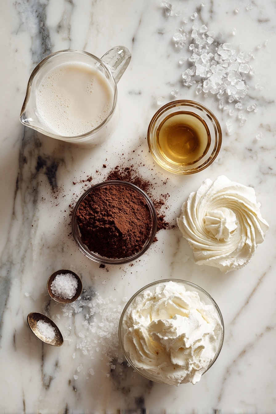 Flat lay of rich unsweetened cocoa powder heaped in a small mound, sparkling granulated sugar crystals scattered nearby, a small heap of coarse salt grains, clear steaming boiling water in a glass, a glass jug filled with creamy whole milk, a tiny glass dish holding golden vanilla extract, and a few delicate swirls of whipped cream dolloped artistically, all placed on a white marble surface, photo taken with an iphone --ar 2:3 --v 7 - Creamy Hot Cocoa with Vanilla, rich hot chocolate recipes, homemade vanilla hot cocoa, velvety hot cocoa drink, quick hot chocolate recipe