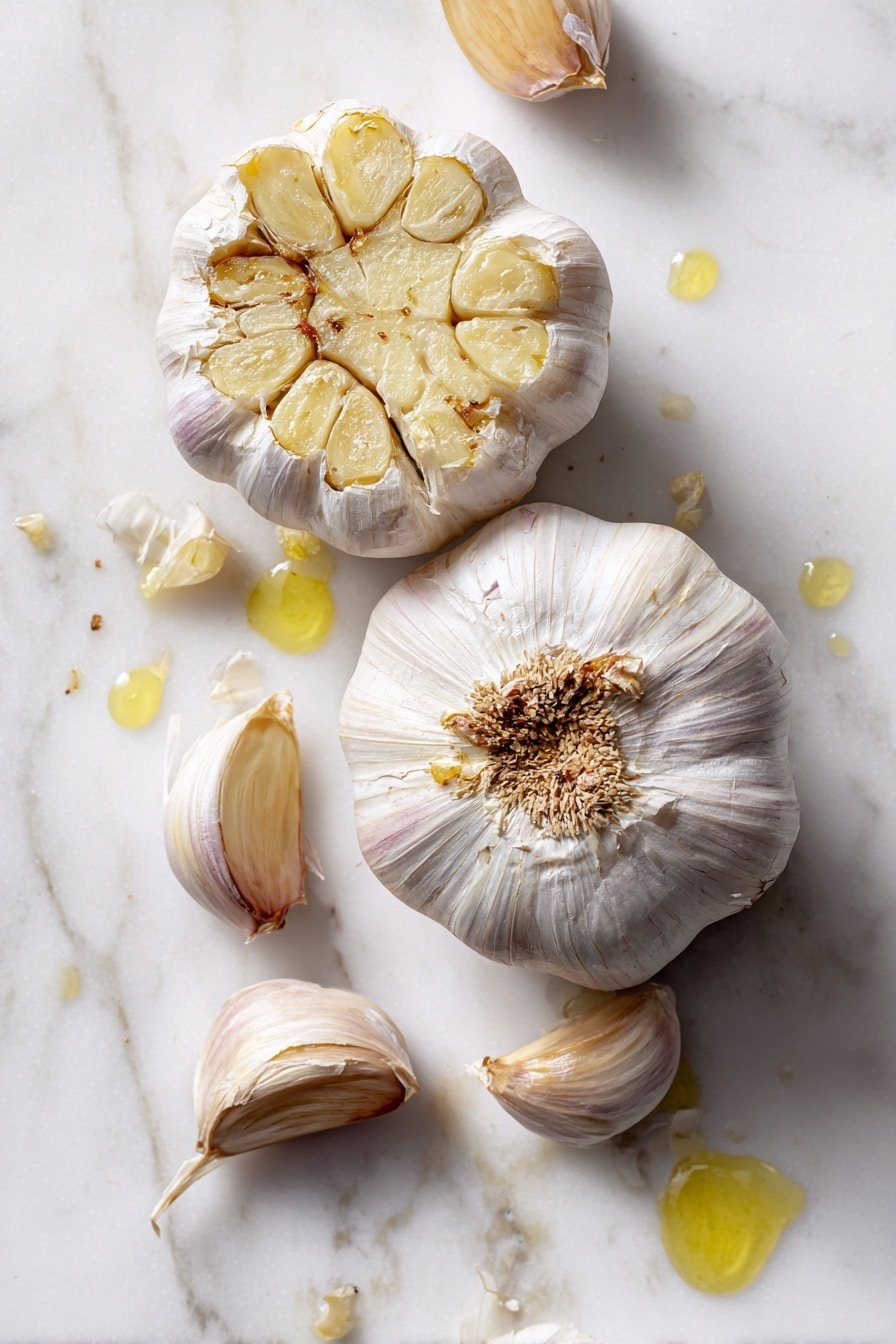 Flat lay of two whole heads of garlic, one with the top cut off to reveal soft roasted garlic cloves glistening under light, a small drizzle of golden olive oil sparkling nearby, scattered roasted garlic cloves removed from their skins, all beautifully arranged on a clean white marble surface, photo taken with an iphone --ar 2:3 --v 7 - Air Fryer Roasted Garlic, roasted garlic in air fryer, easy garlic roasting, quick garlic recipes, garlic flavor enhancer