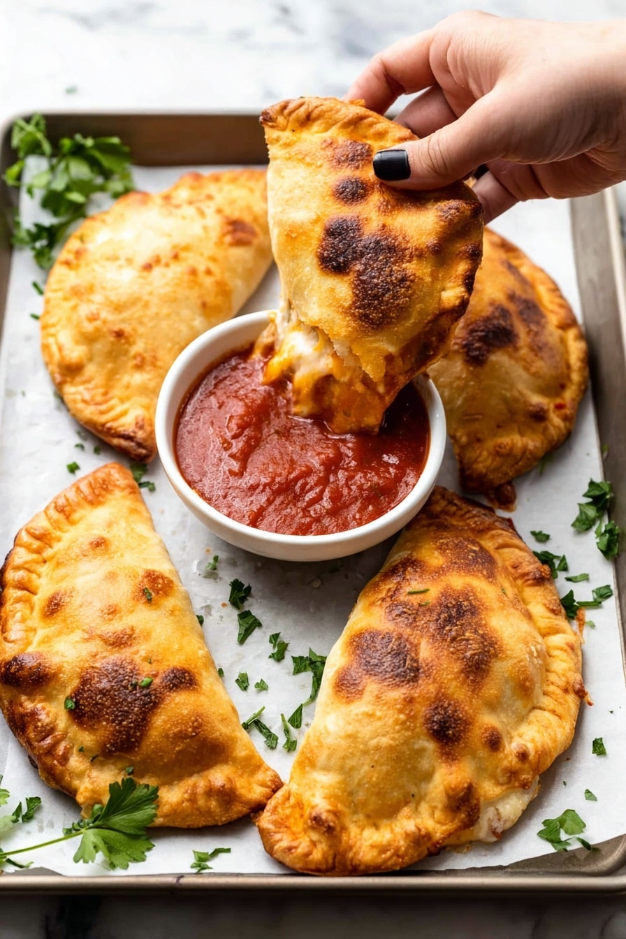 A white tray holds five folded, golden-brown calzones with crispy, slightly uneven crusts, some with darker spots showing they are baked well. One calzone is lifted by a woman's hand, dipped into a small white bowl filled with thick, rich red marinara sauce placed in the middle of the tray. The calzones have a textured surface with baked cheese peeking out from the edges. Small green parsley leaves are scattered around the tray and on the white marbled surface beneath it. photo taken with an iphone --ar 2:3 --v 7 - 20-Minute Air Fryer Calzones, quick air fryer calzones, cheesy calzones in 20 minutes, easy air fryer recipes, kid-friendly calzone ideas