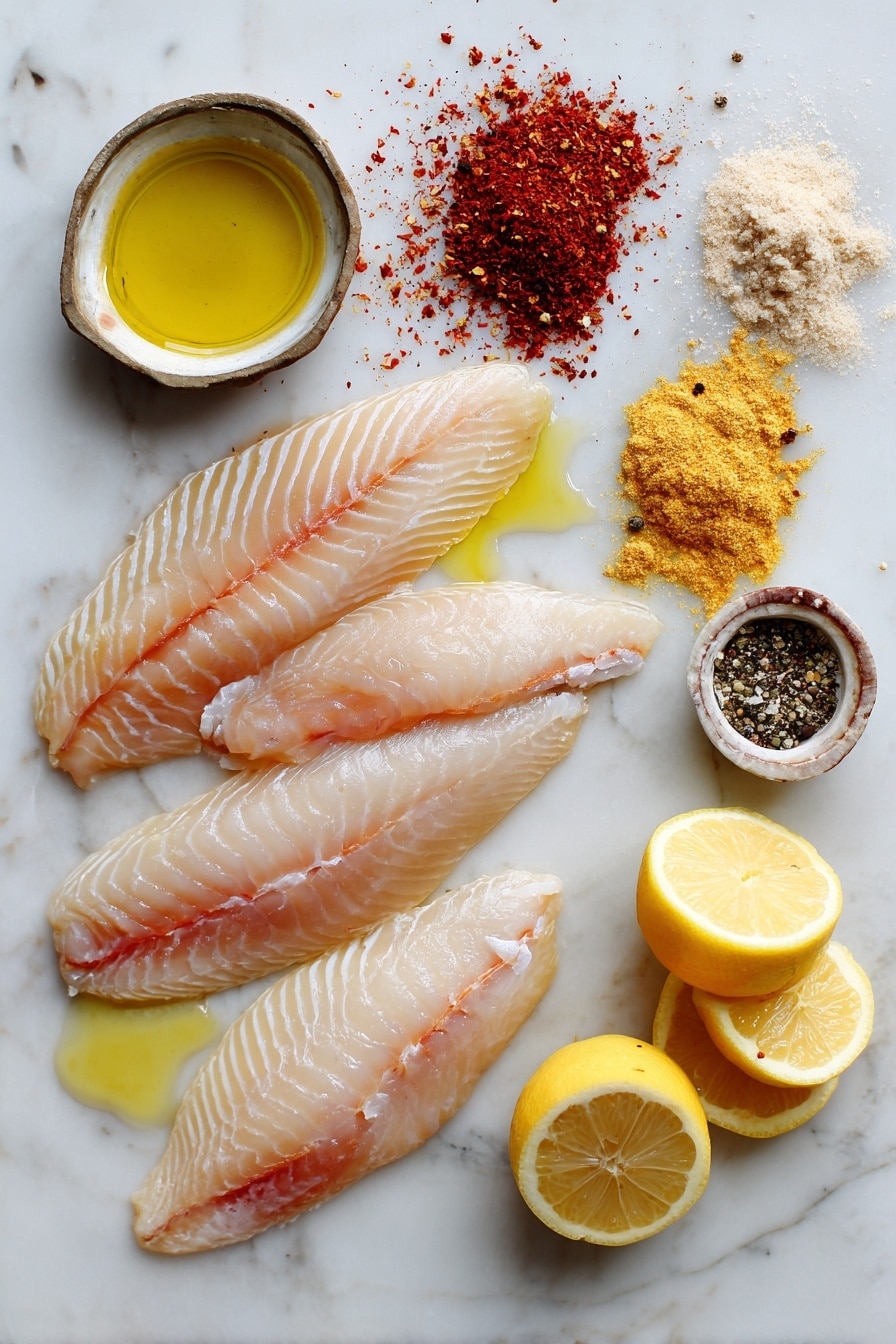 Flat lay of four fresh tilapia fillets arranged neatly alongside bright yellow lemon wedges, scattered dried paprika and chili powder, small piles of garlic powder and onion powder, a drizzle of golden olive oil pooling gently beside the fish, and a sprinkle of coarse ground black pepper, all placed on a white marble surface, photo taken with an iphone --ar 2:3 --v 7 - Air Fryer Tilapia, crispy tilapia, healthy seafood dinner, quick fish recipe, easy air fryer seafood