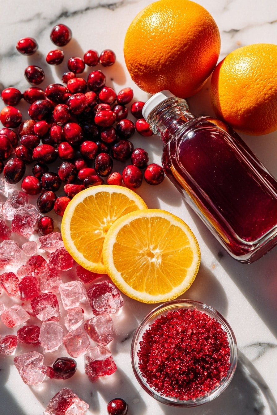 Flat lay of bright red fresh cranberries scattered next to vibrant orange slices and a quarter slice of lemon, surrounded by glistening frozen lemonade chunks, a small mound of sparkling red colored sugar crystals, a clear glass bottle of deep red cranberry juice, and a tall bottle of cherry-flavored soda, all beautifully arranged with a few juicy oranges positioned for color contrast, placed on a white marble surface, photo taken with an iphone --ar 2:3 --v 7 - Sparkling Cranberry Orange Christmas Slush, holiday festive drink, Christmas party beverage, easy holiday slush, bubbly holiday drink