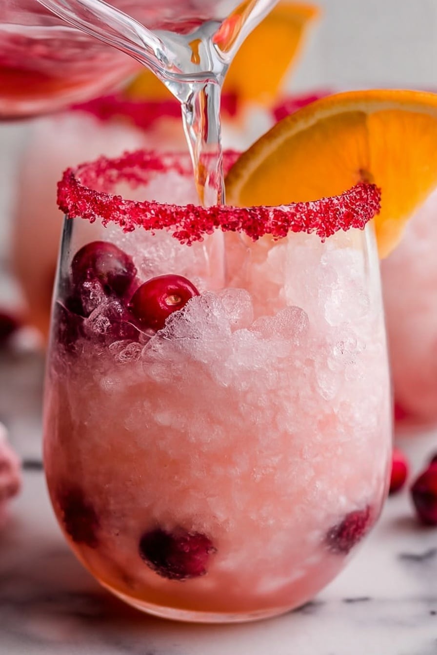 This image shows a close-up view of a drink in a clear glass with a red sugar rim. The drink has a light pink color and is filled with crushed ice. On top of the ice, several whole red cranberries float, along with a bright yellow lemon wedge positioned on the edge of the glass. The background is a white marbled surface with blurred red berries and a lemon slice visible, adding contrast to the image. The glass is filled to the top with the pink drink and ice, creating a refreshing and colorful look. Photo taken with an iphone --ar 2:3 --v 7 - Sparkling Cranberry Orange Christmas Slush, holiday festive drink, Christmas party beverage, easy holiday slush, bubbly holiday drink