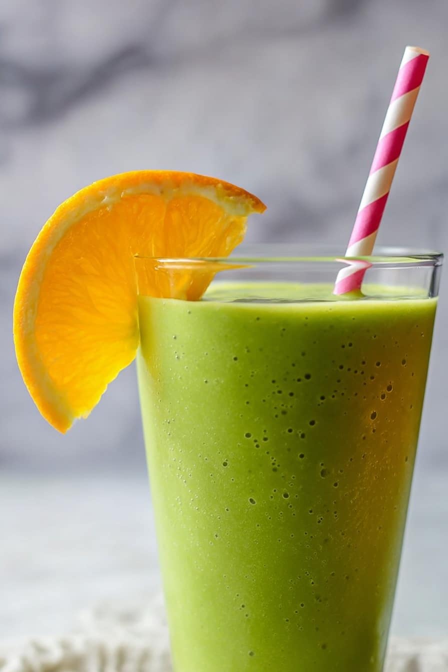 A tall clear glass filled with a smooth, thick green smoothie that has tiny bubbles on its surface. A pink and white striped paper straw is inserted near the edge of the glass. A bright orange slice with the peel is placed on the rim of the glass, adding a vibrant pop of color. The glass is set against a blurred white marbled background that softly highlights the drink. Photo taken with an iphone --ar 2:3 --v 7 - Green Orange Julius Smoothie, healthy green orange smoothie, citrus spinach smoothie, quick nutritious smoothie, vegan orange smoothie
